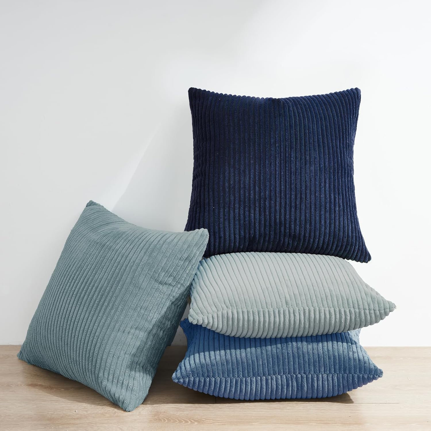 Corduroy Velvet Cushion Covers - Soft Velvet Fabric with Hidden Zipper - Stylish Mix of Blue Shades, 45cm x 45cm Pack of 4