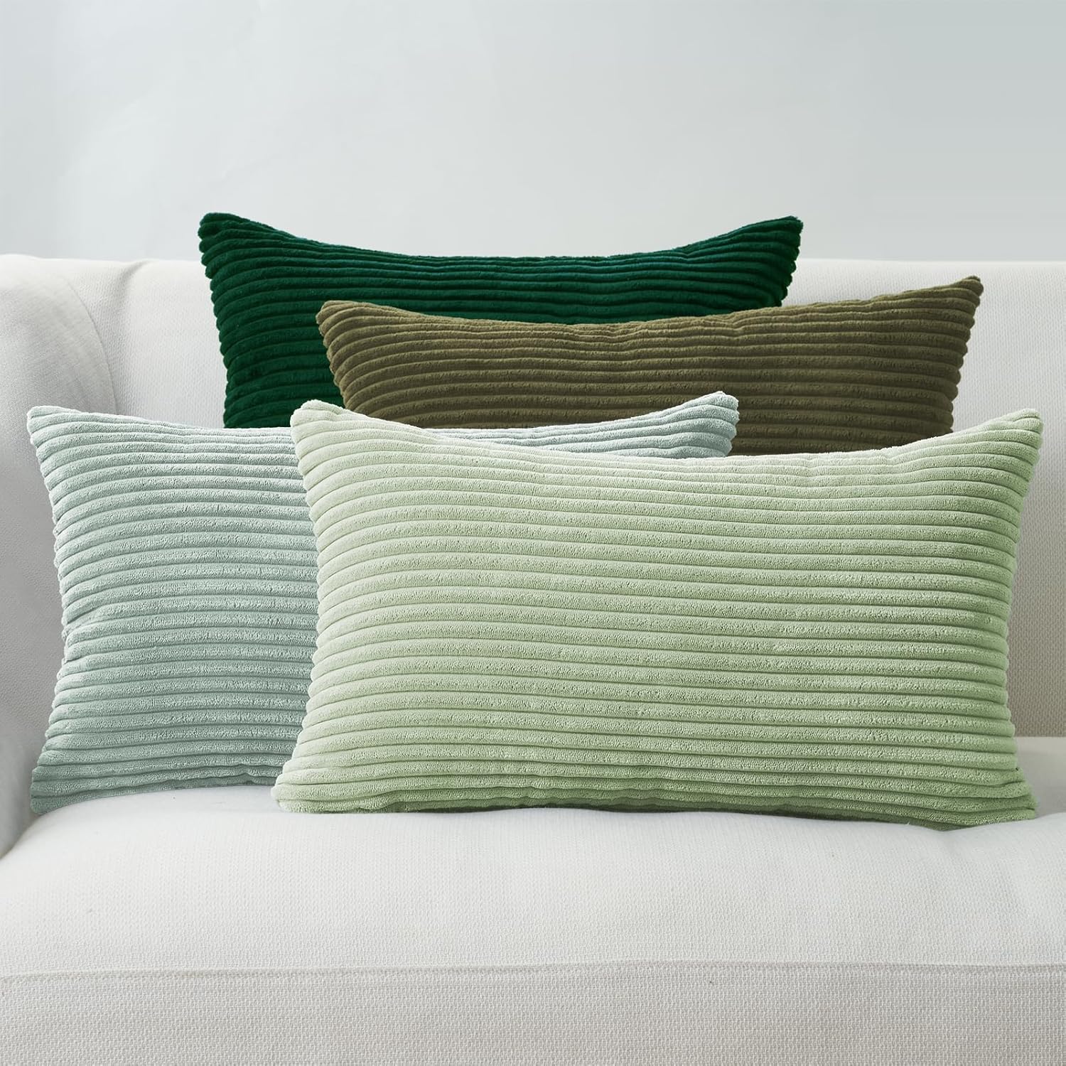 Corduroy Velvet Cushion Covers - Soft Velvet Fabric with Hidden Zipper - Stylish Mix of Green Shades, 30cm x 50cm Pack of 4