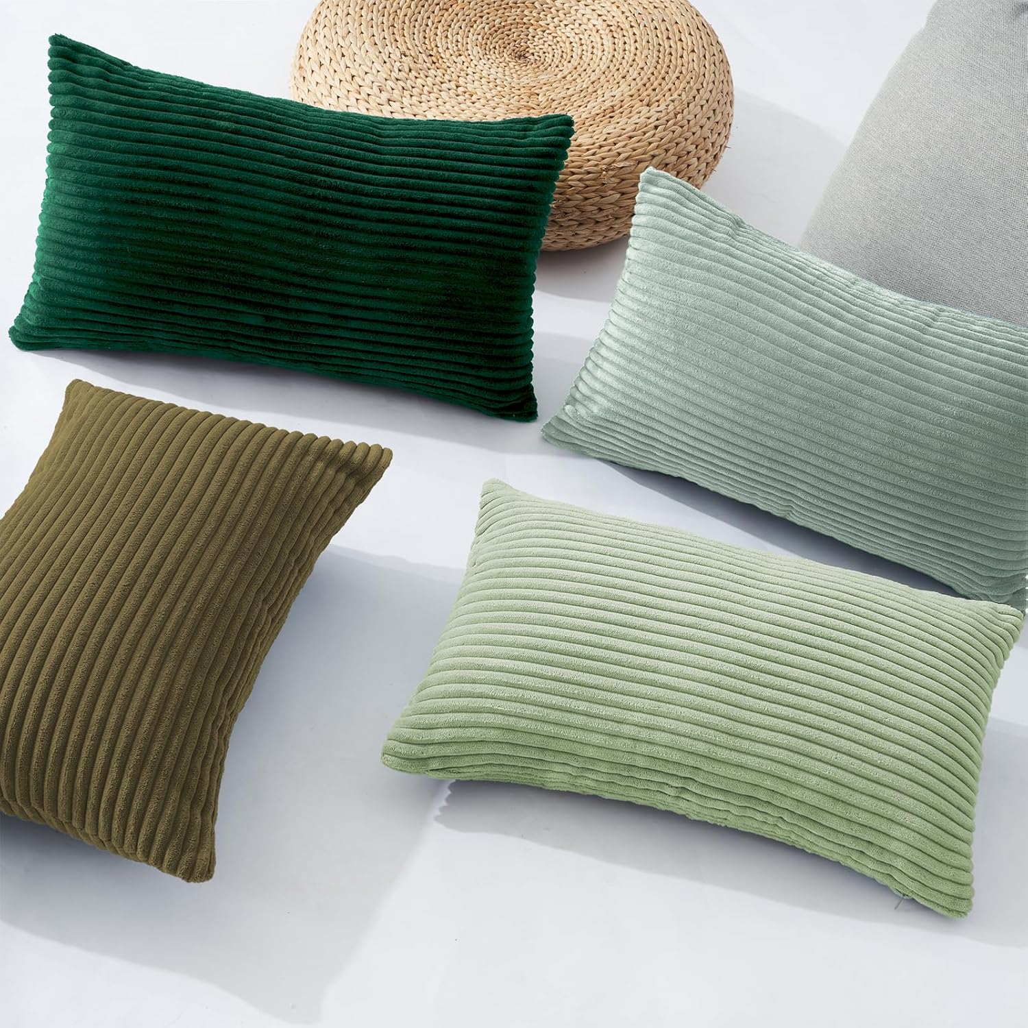 Corduroy Velvet Cushion Covers - Soft Velvet Fabric with Hidden Zipper - Stylish Mix of Green Shades, 30cm x 50cm Pack of 4