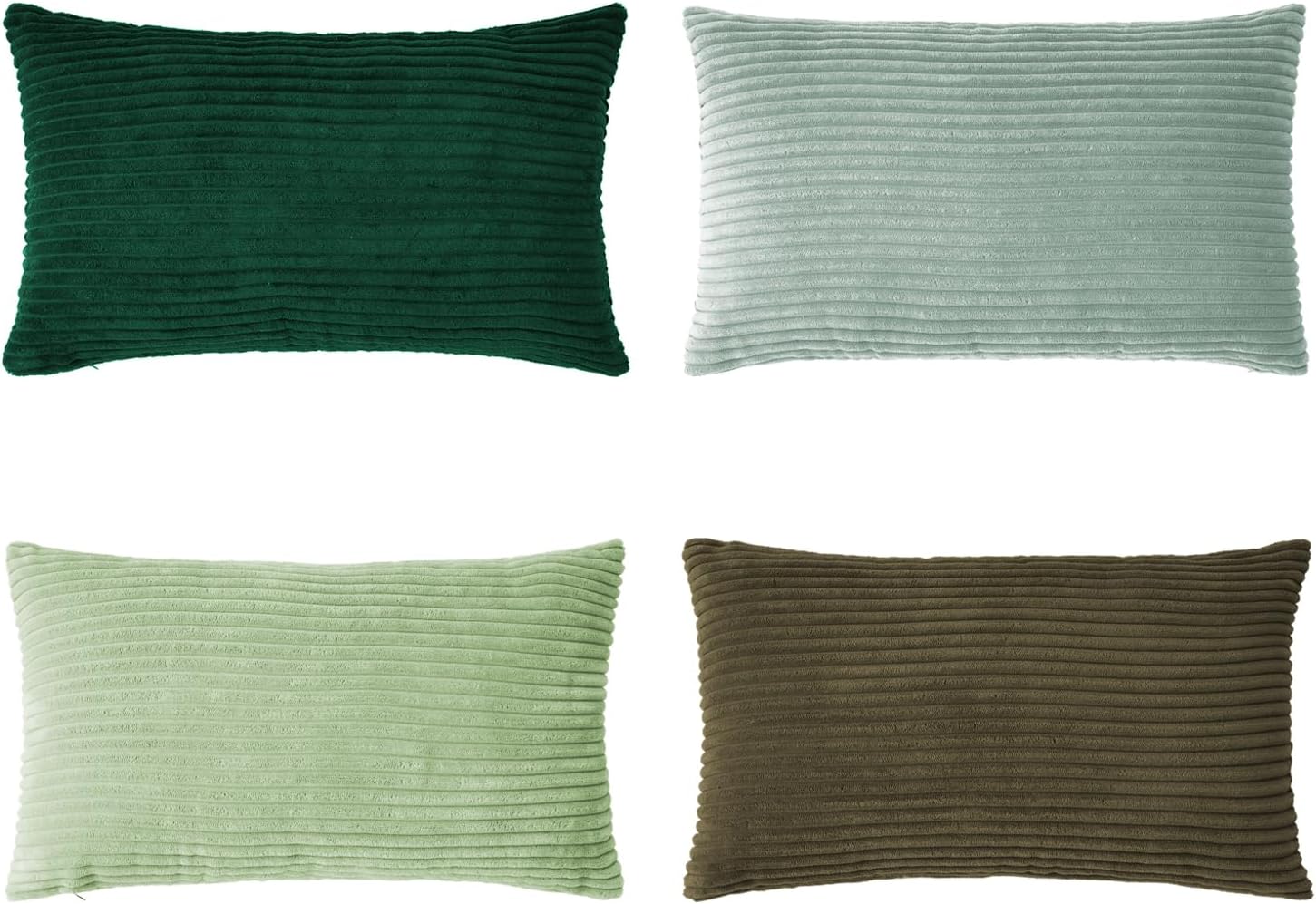 Corduroy Velvet Cushion Covers - Soft Velvet Fabric with Hidden Zipper - Stylish Mix of Green Shades, 30cm x 50cm Pack of 4
