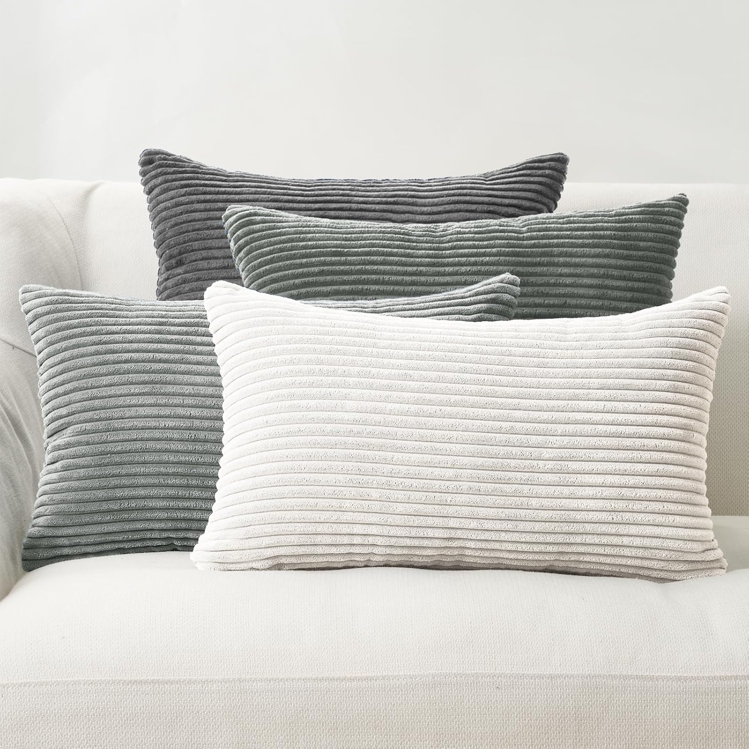 Corduroy Velvet Cushion Covers - Soft Velvet Fabric with Hidden Zipper - Stylish Mix of Grey Shades, 30cm x 50cm Pack of 4