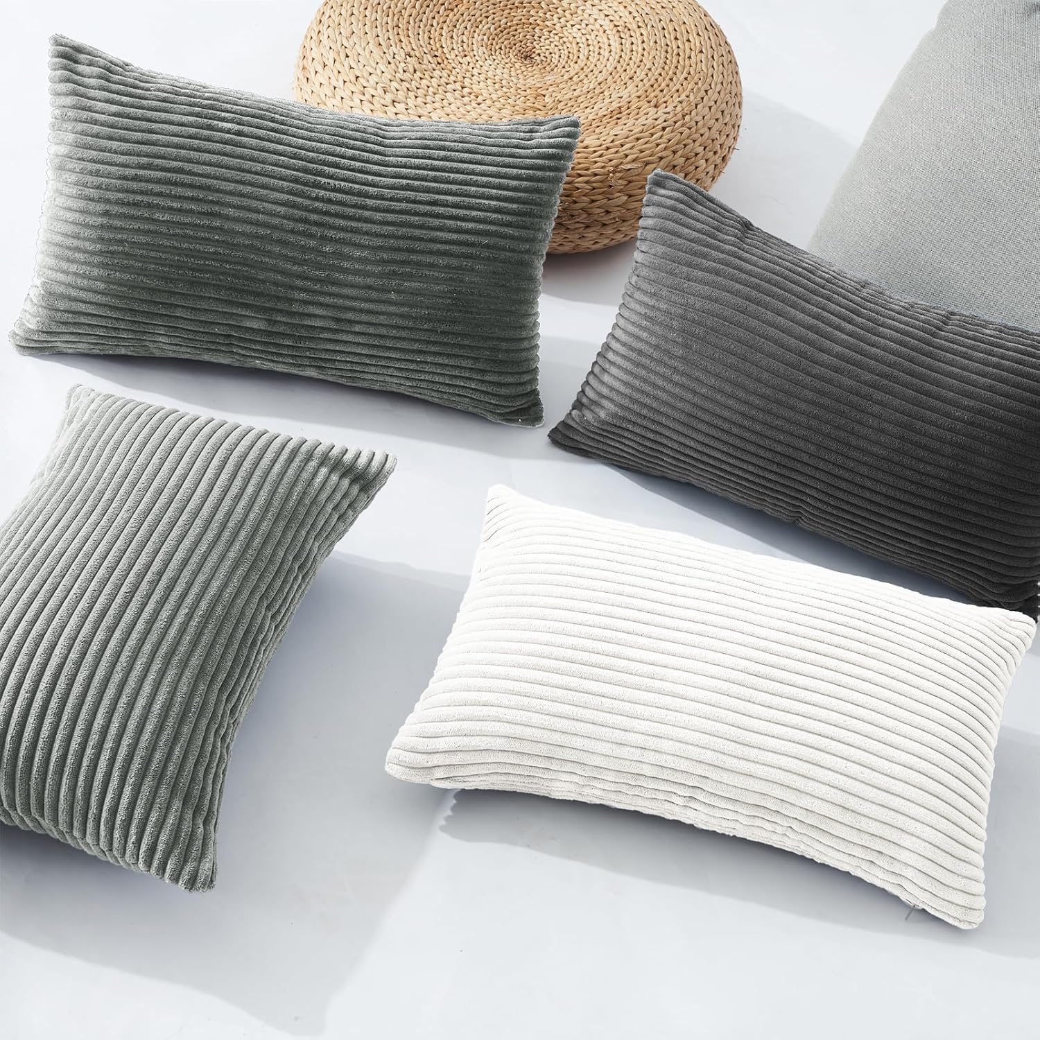 Corduroy Velvet Cushion Covers - Soft Velvet Fabric with Hidden Zipper - Stylish Mix of Grey Shades, 30cm x 50cm Pack of 4