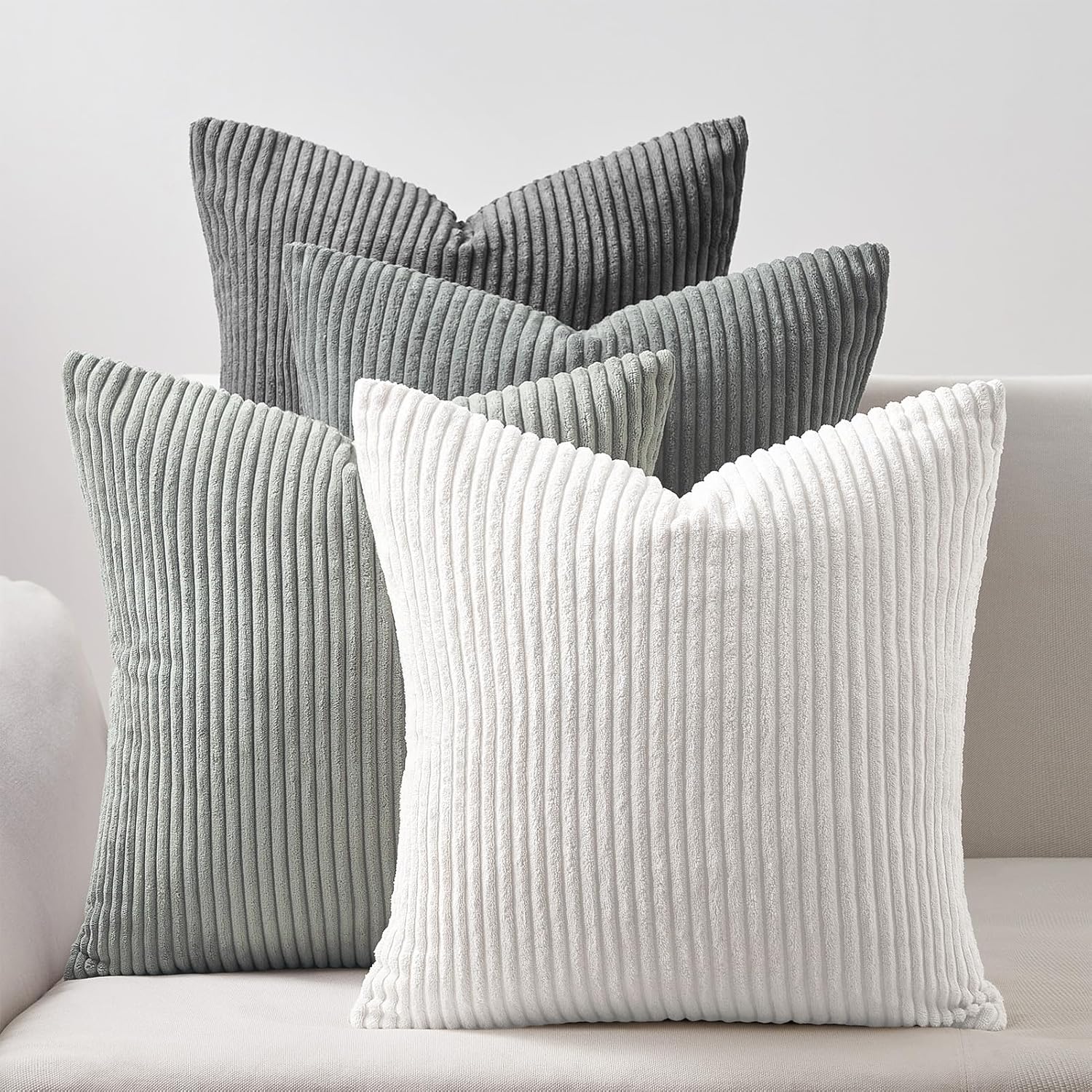 Corduroy Velvet Cushion Covers - Soft Velvet Fabric with Hidden Zipper - Stylish Mix of Grey Shades, 45cm x 45cm Pack of 4