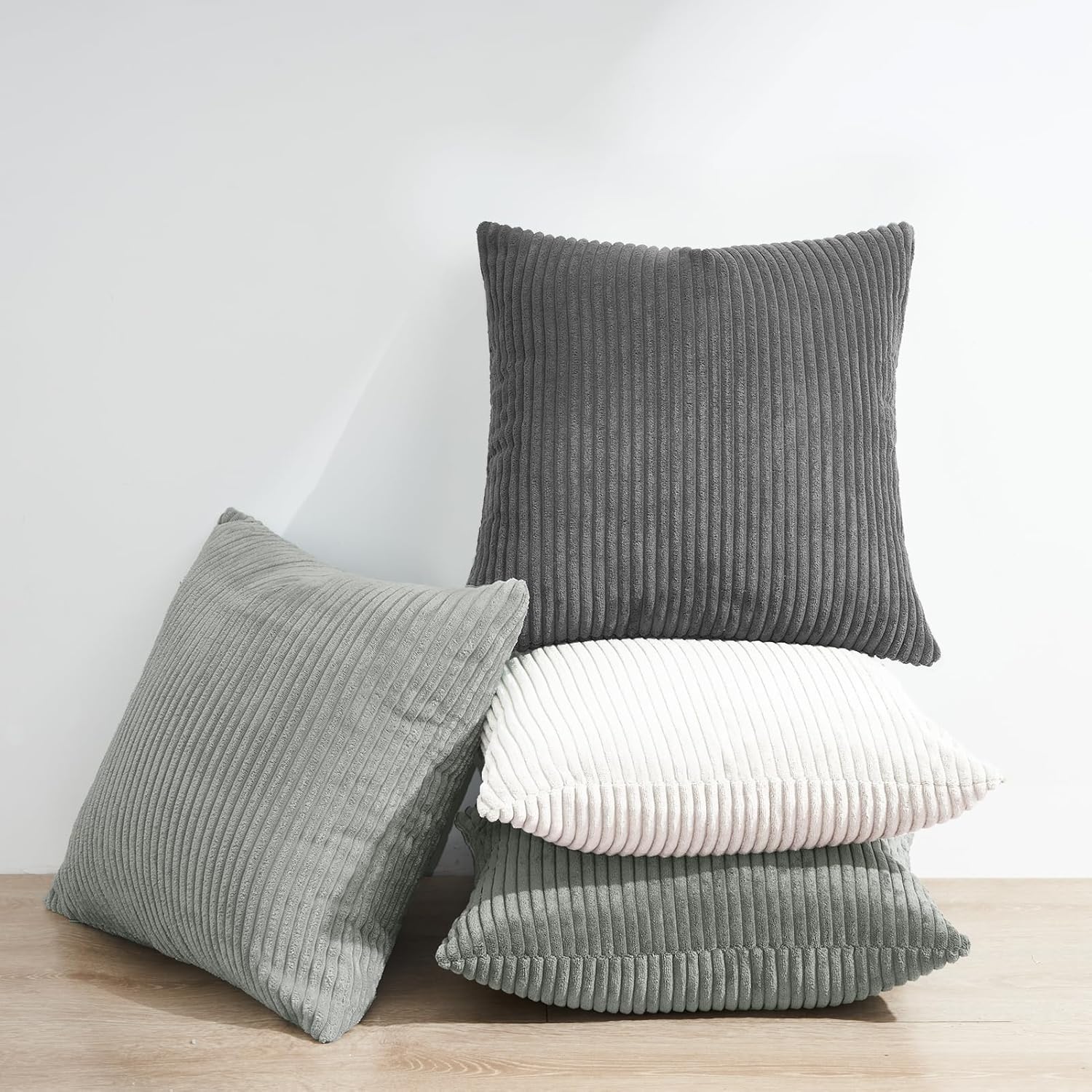 Corduroy Velvet Cushion Covers - Soft Velvet Fabric with Hidden Zipper - Stylish Mix of Grey Shades, 45cm x 45cm Pack of 4