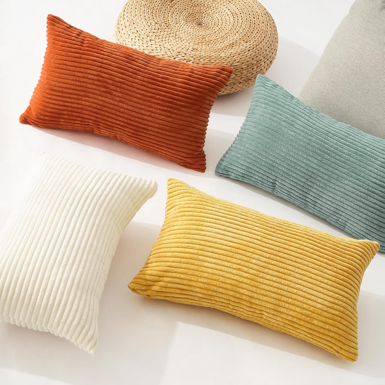 Corduroy Velvet Cushion Covers - Soft Velvet Fabric with Hidden Zipper - Rainbow, 30cm x 50cm Pack of 4