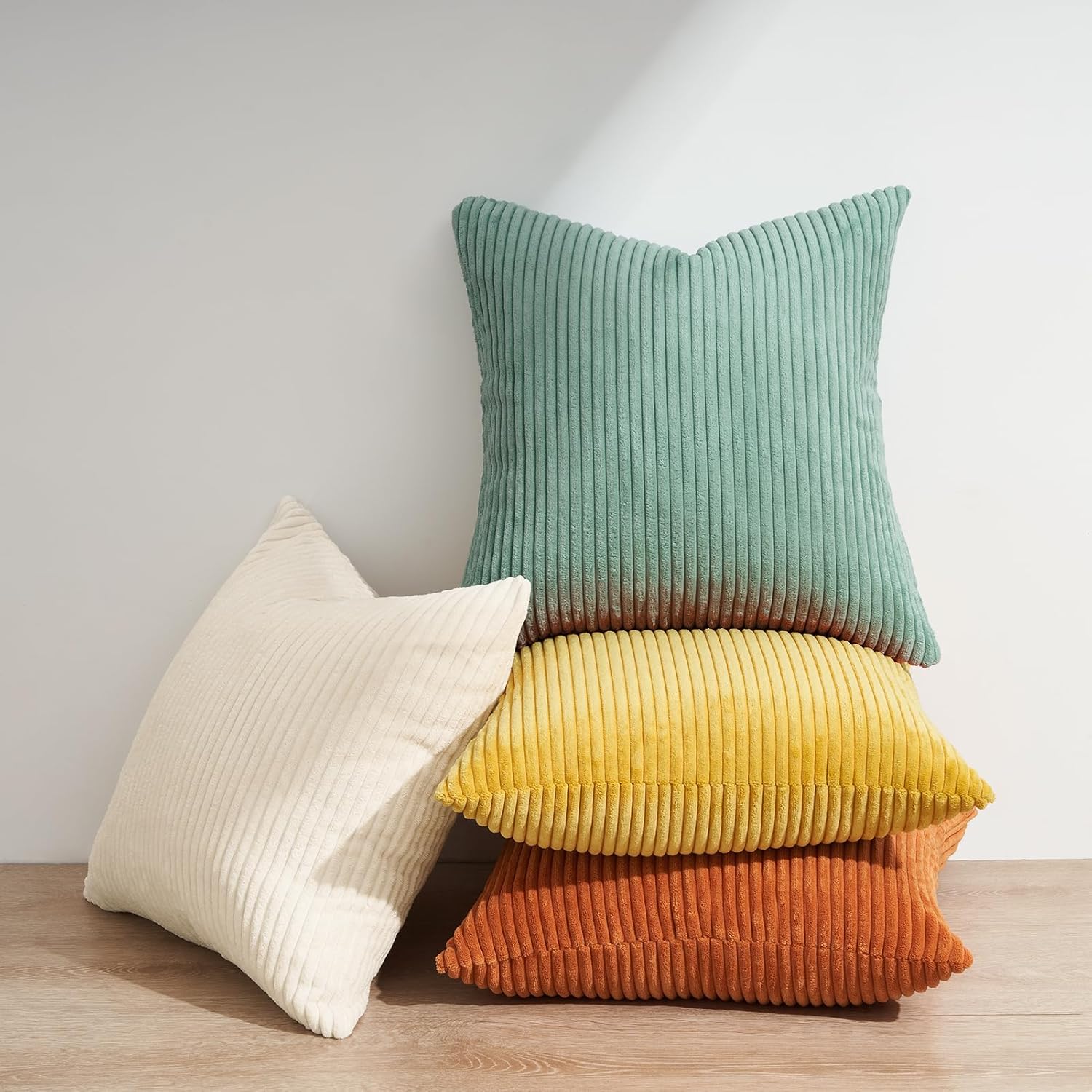 Corduroy Velvet Cushion Covers - Soft Velvet Fabric with Hidden Zipper - Rainbow, 45cm x 45cm Pack of 4