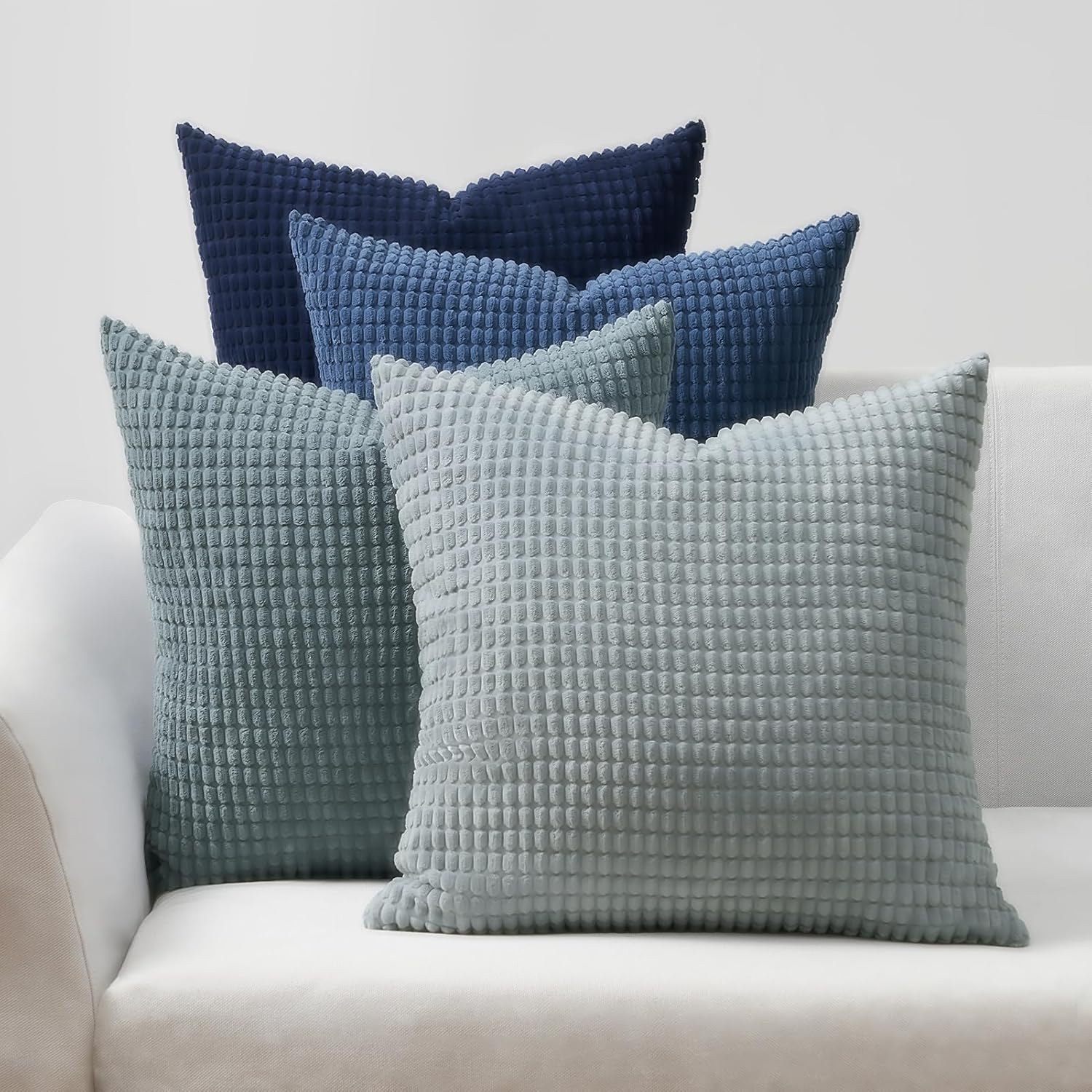 Corduroy Corn Grain Cushion Covers - Soft Velvet with Hidden Zipper - Stylish Mix of Blue Shades, 45cm x 45cm Pack of 4
