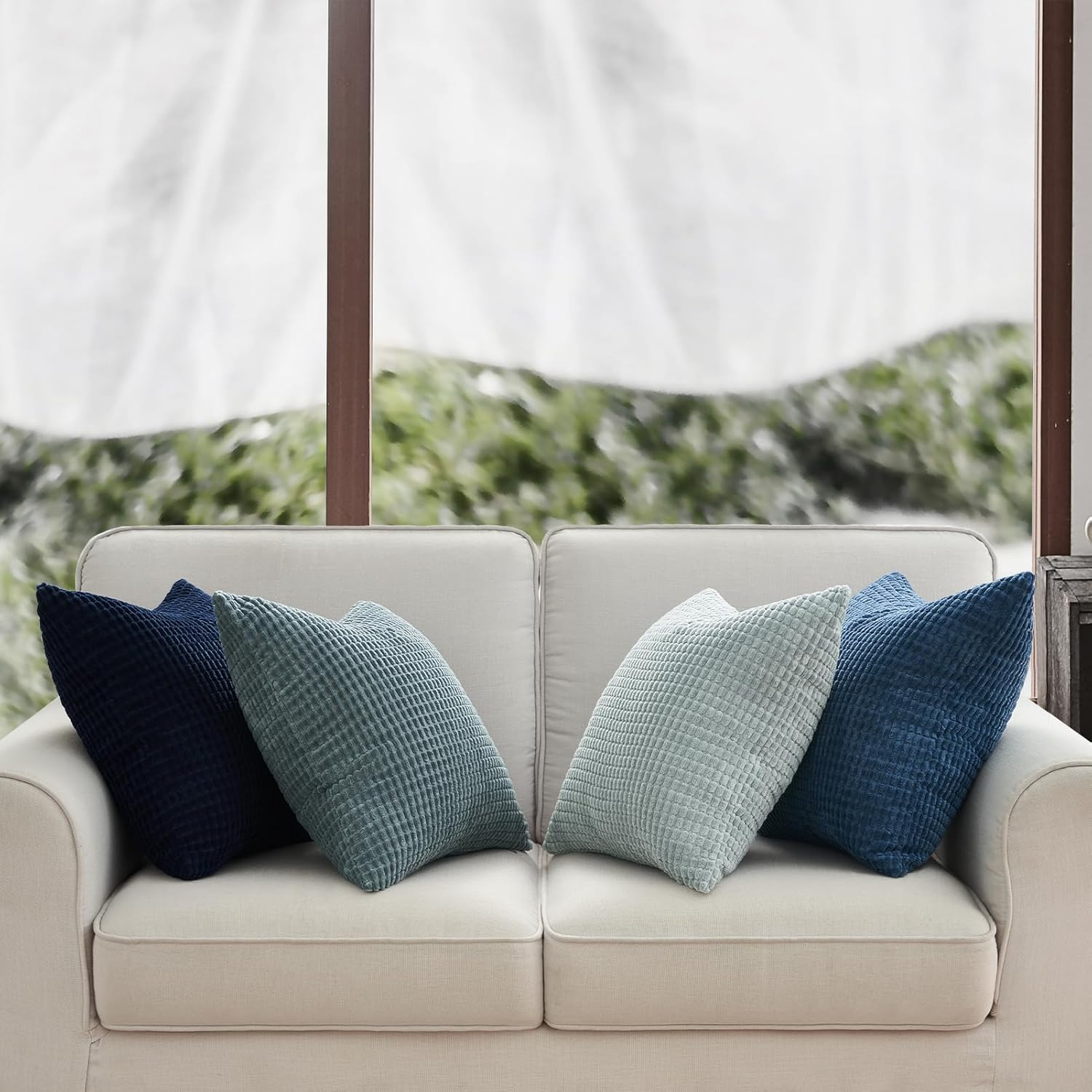 Corduroy Corn Grain Cushion Covers - Soft Velvet with Hidden Zipper - Stylish Mix of Blue Shades, 45cm x 45cm Pack of 4