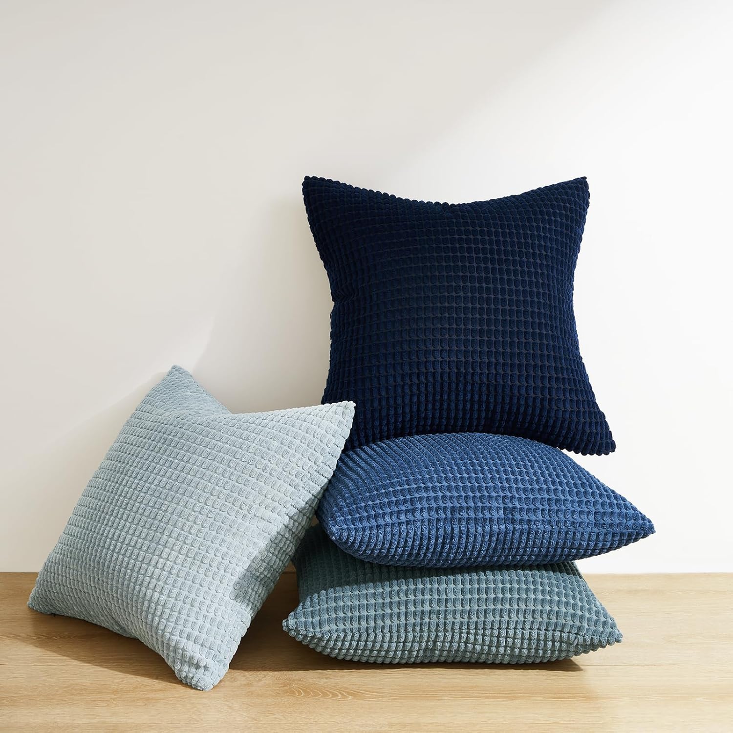 Corduroy Corn Grain Cushion Covers - Soft Velvet with Hidden Zipper - Stylish Mix of Blue Shades, 45cm x 45cm Pack of 4