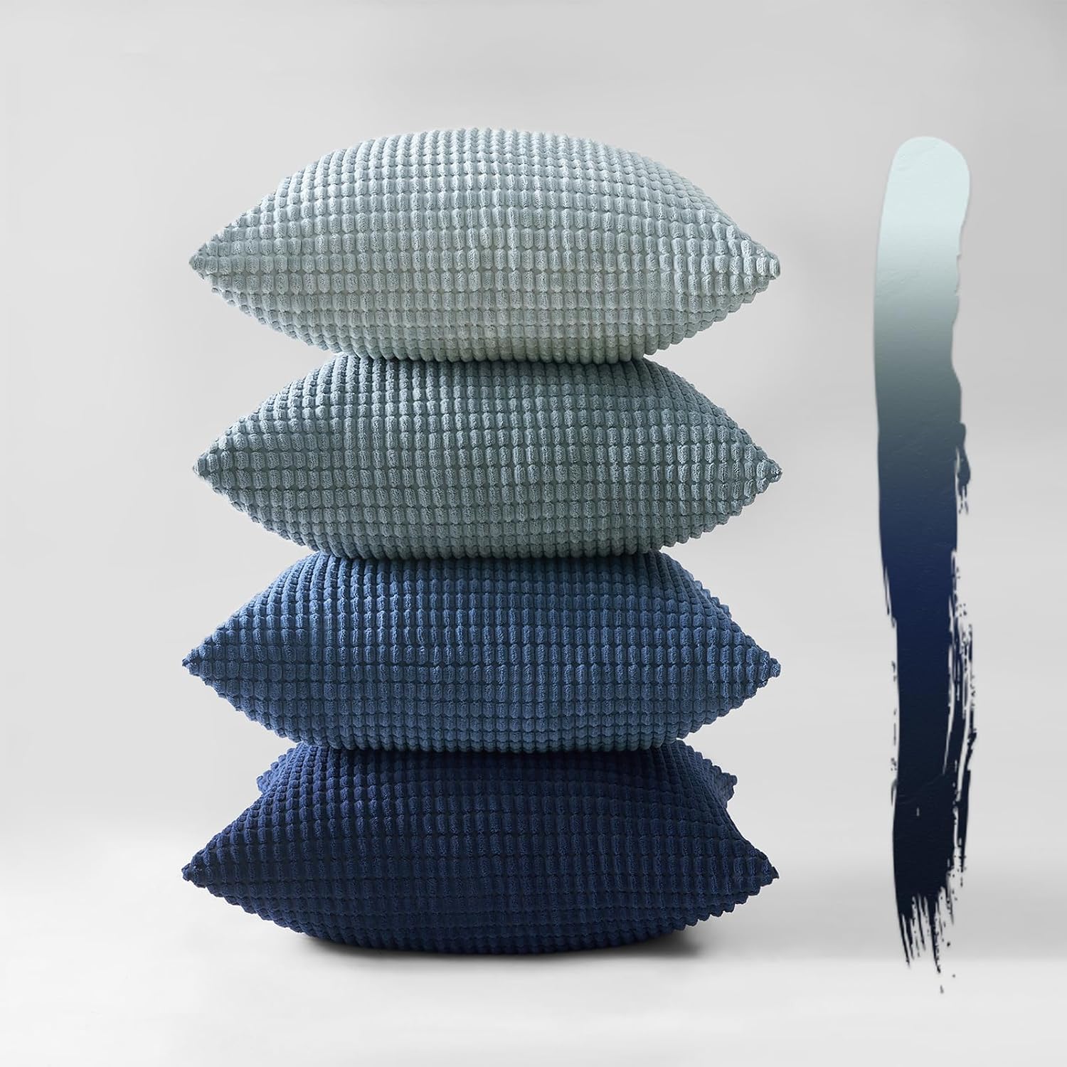 Corduroy Corn Grain Cushion Covers - Soft Velvet with Hidden Zipper - Stylish Mix of Blue Shades, 45cm x 45cm Pack of 4