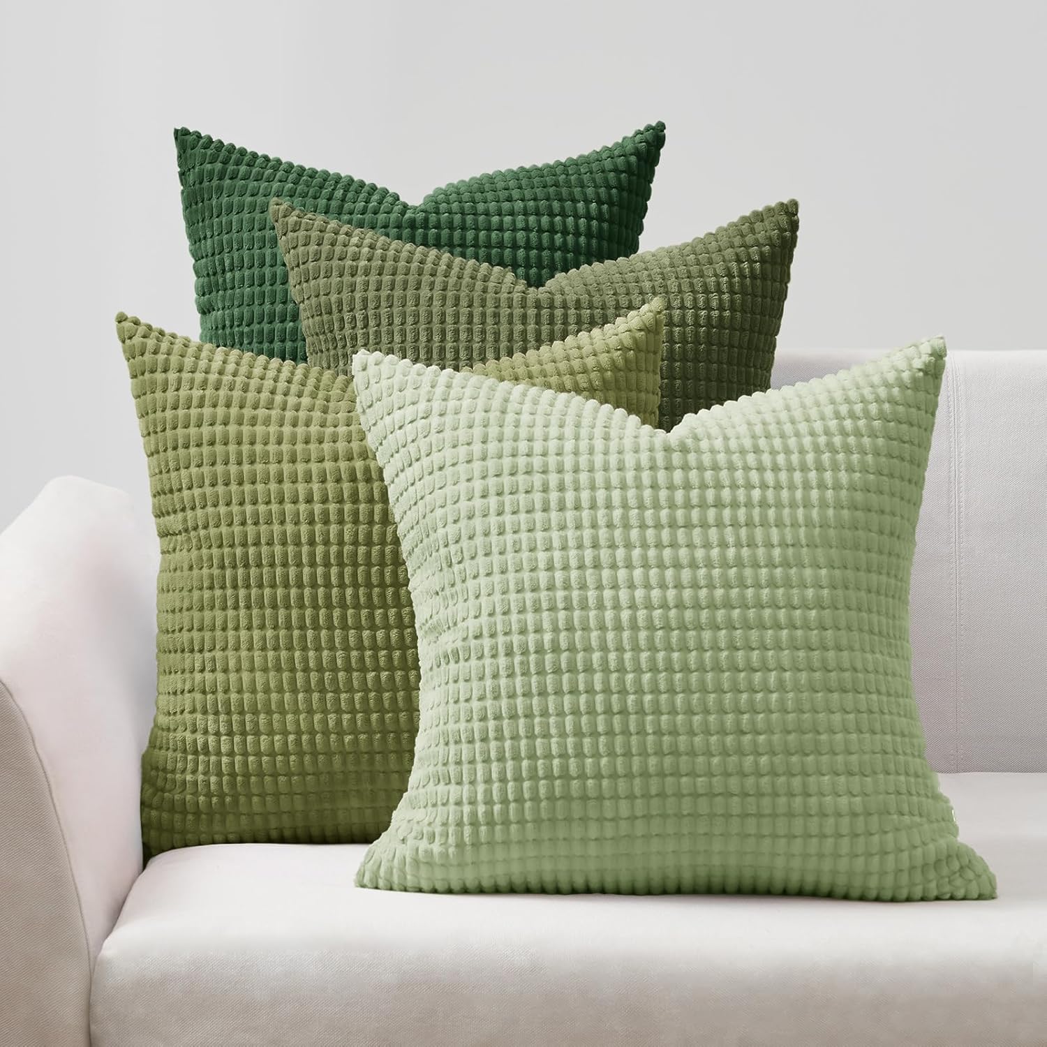 Corduroy Corn Grain Cushion Covers - Soft Velvet with Hidden Zipper - Stylish Mix of Green Shades, 45cm x 45cm Pack of 4
