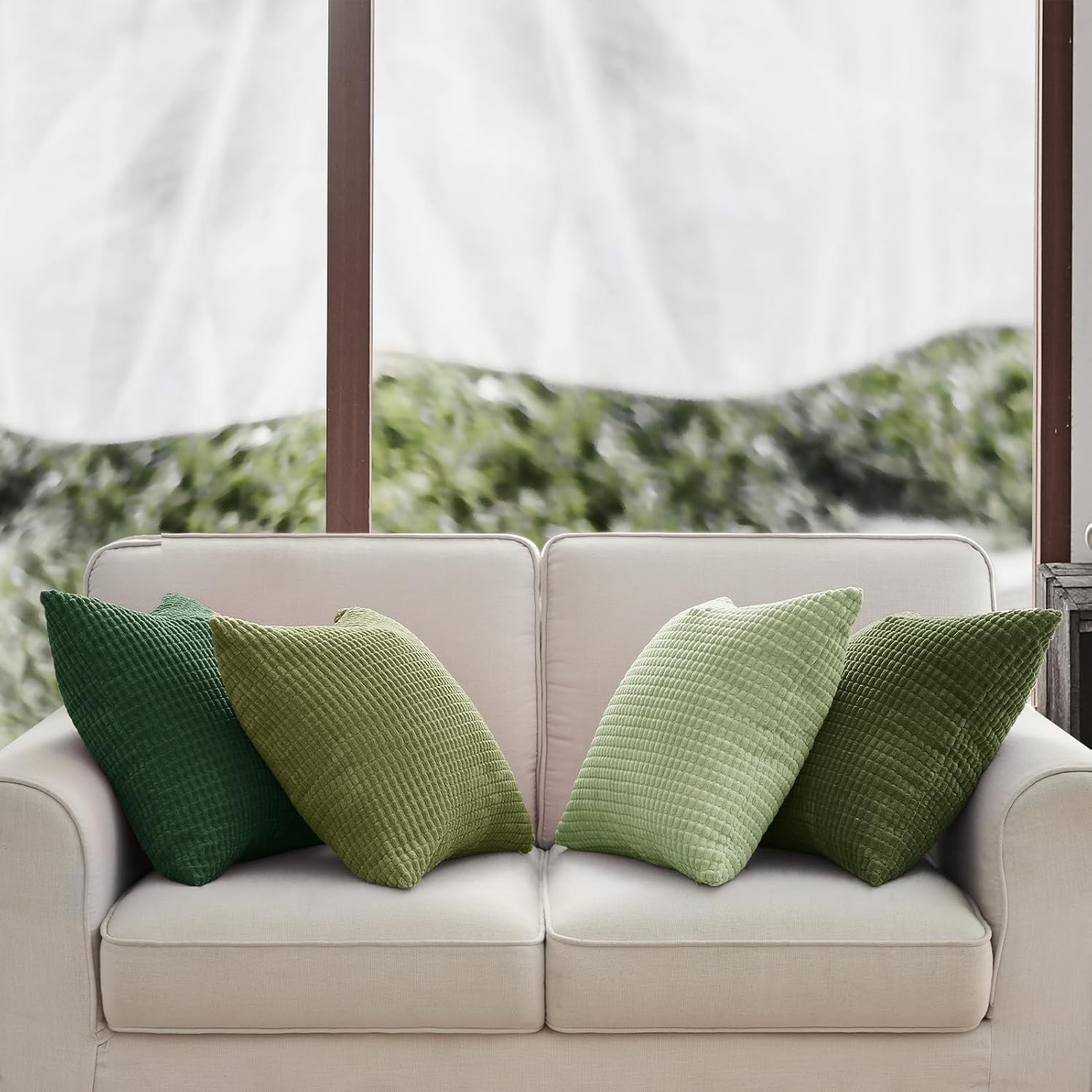 Corduroy Corn Grain Cushion Covers - Soft Velvet with Hidden Zipper - Stylish Mix of Green Shades, 45cm x 45cm Pack of 4