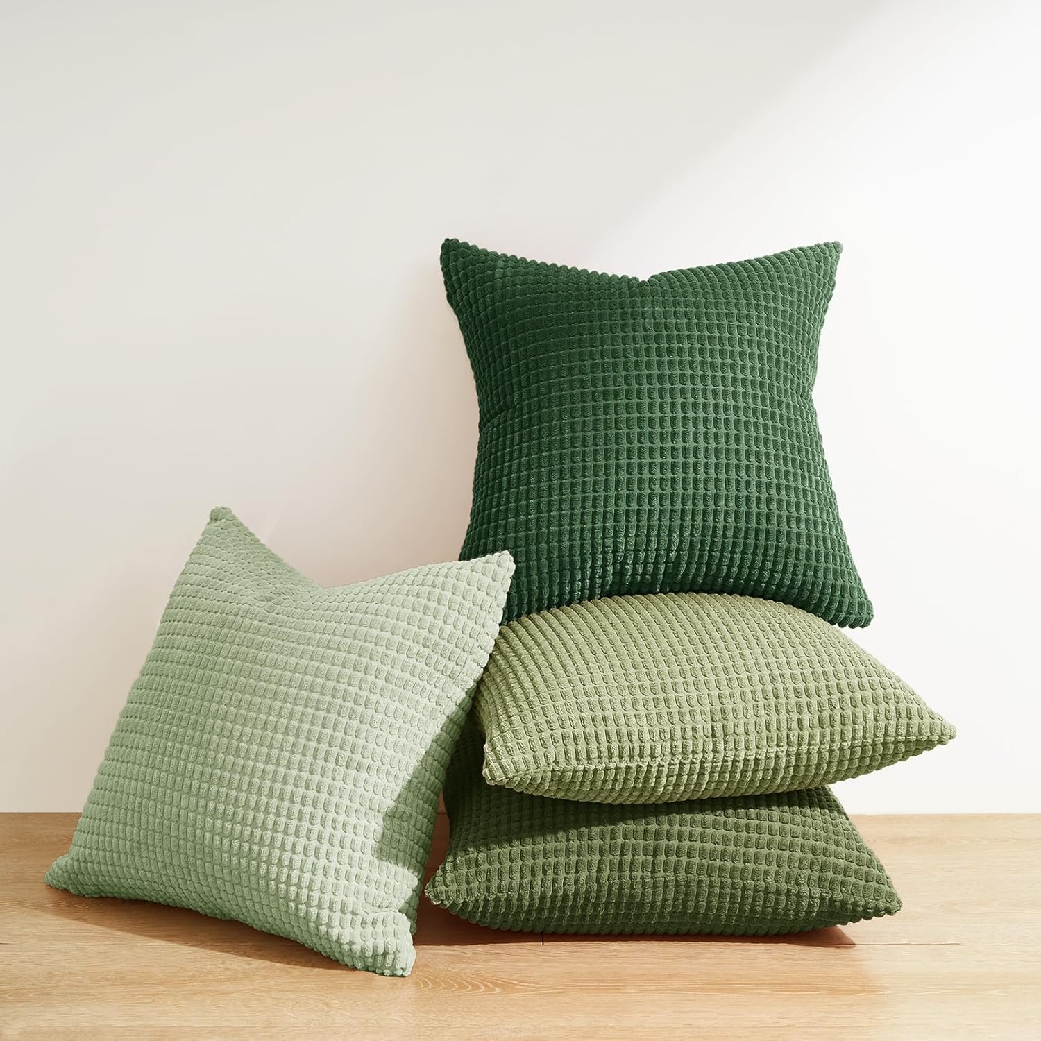 Corduroy Corn Grain Cushion Covers - Soft Velvet with Hidden Zipper - Stylish Mix of Green Shades, 45cm x 45cm Pack of 4