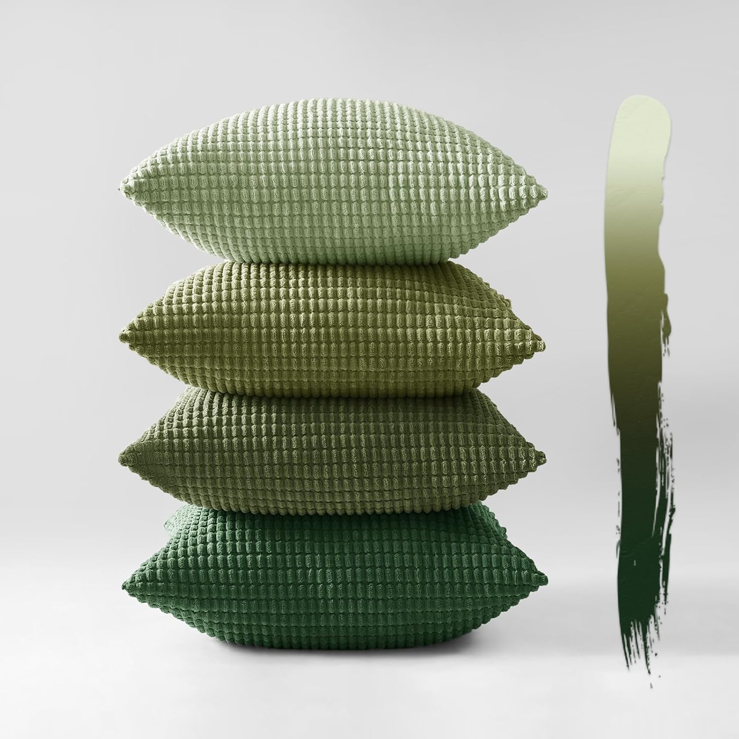 Corduroy Corn Grain Cushion Covers - Soft Velvet with Hidden Zipper - Stylish Mix of Green Shades, 45cm x 45cm Pack of 4