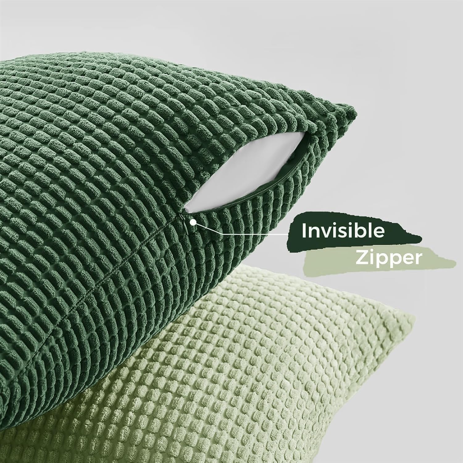 Corduroy Corn Grain Cushion Covers - Soft Velvet with Hidden Zipper - Stylish Mix of Green Shades, 45cm x 45cm Pack of 4
