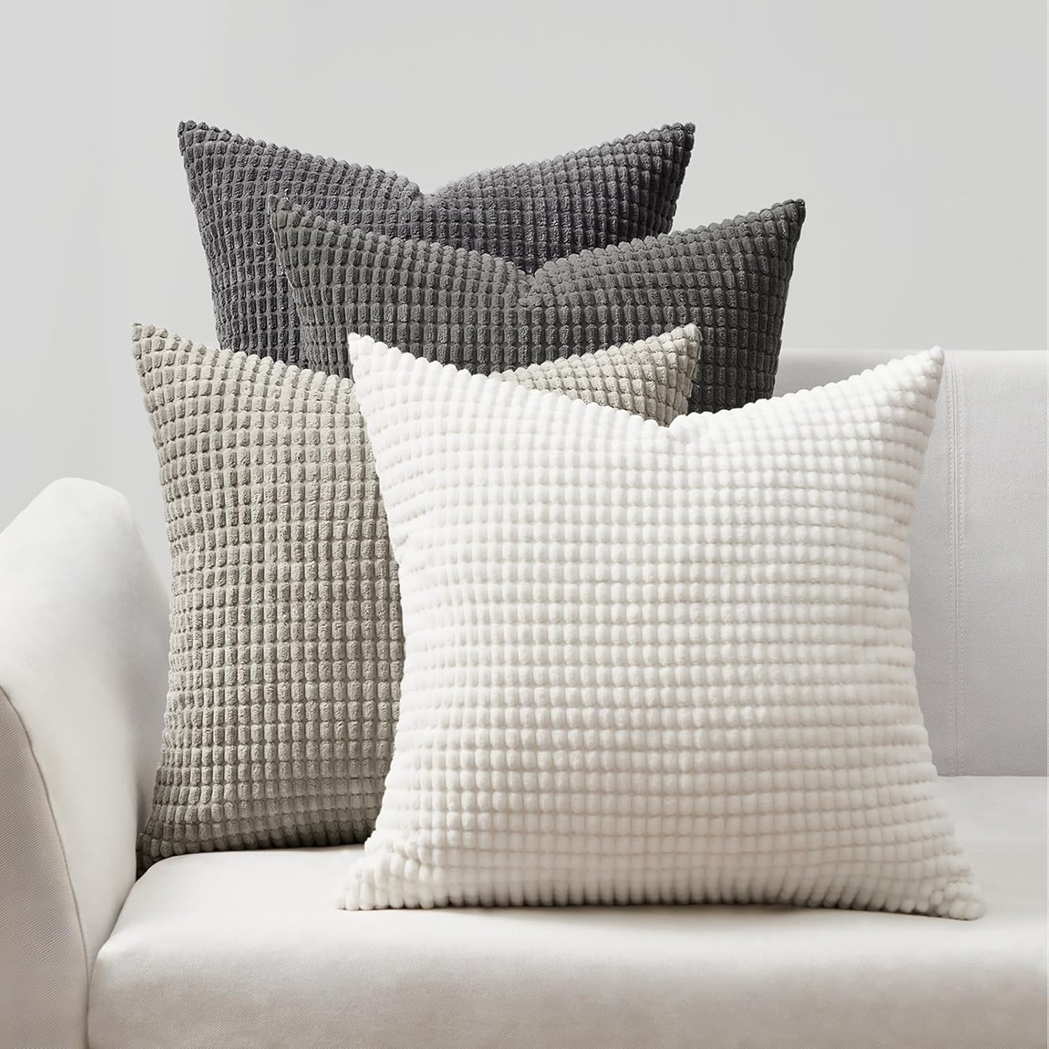 Corduroy Corn Grain Cushion Covers - Soft Velvet with Hidden Zipper - Stylish Mix of Grey Shades, 45cm x 45cm Pack of 4