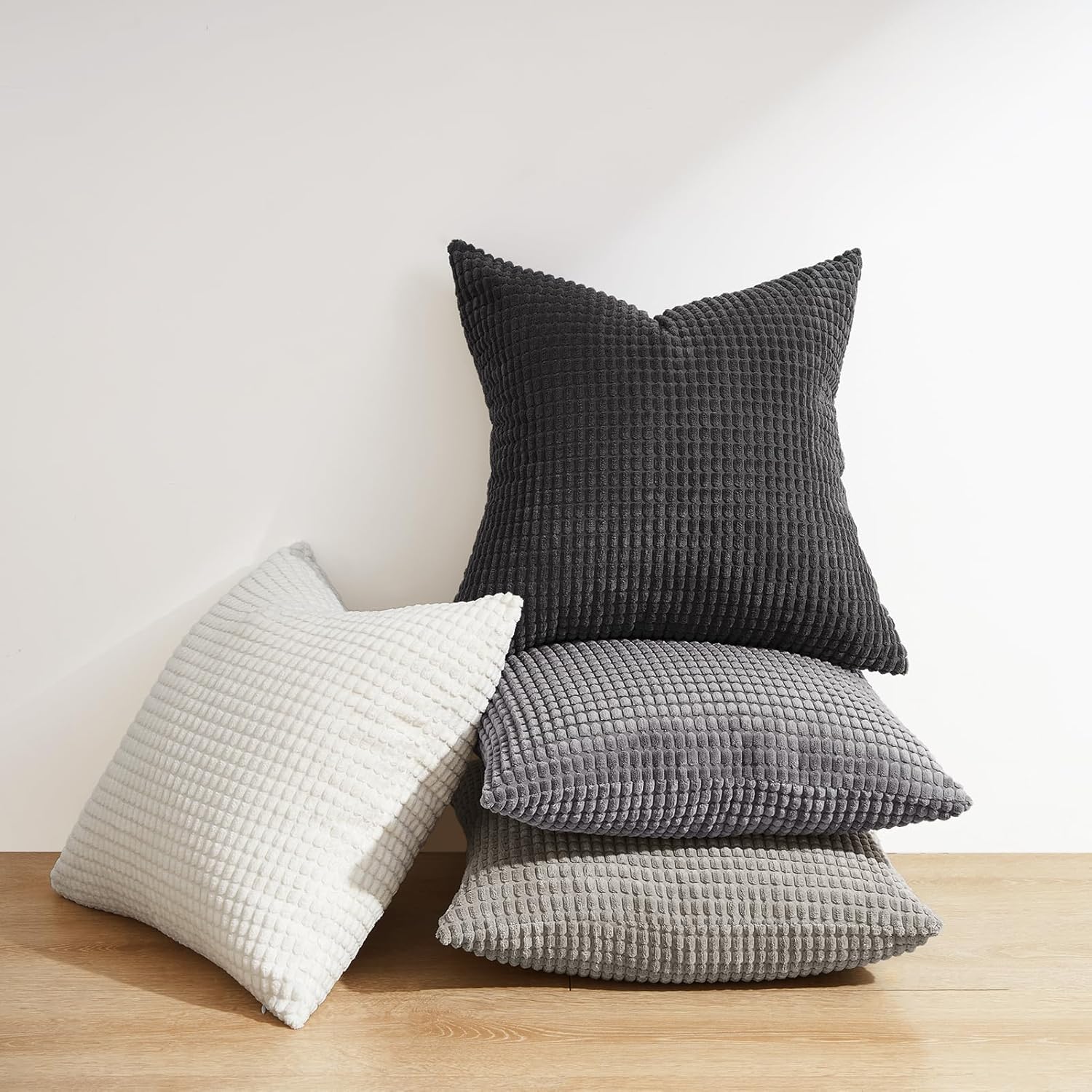 Corduroy Corn Grain Cushion Covers - Soft Velvet with Hidden Zipper - Stylish Mix of Grey Shades, 45cm x 45cm Pack of 4