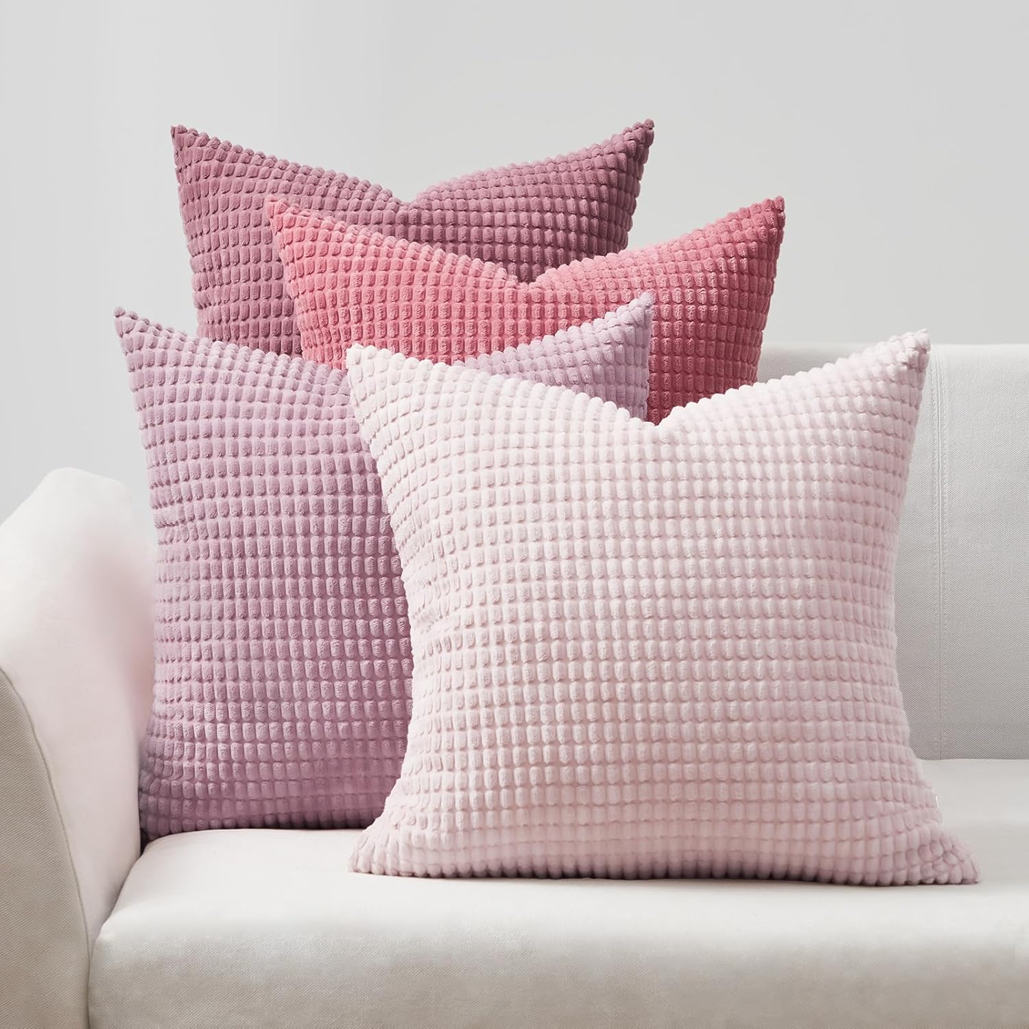 Corduroy Corn Grain Cushion Covers - Soft Velvet with Hidden Zipper - Stylish Mix of Pink Shades, 45cm x 45cm Pack of 4