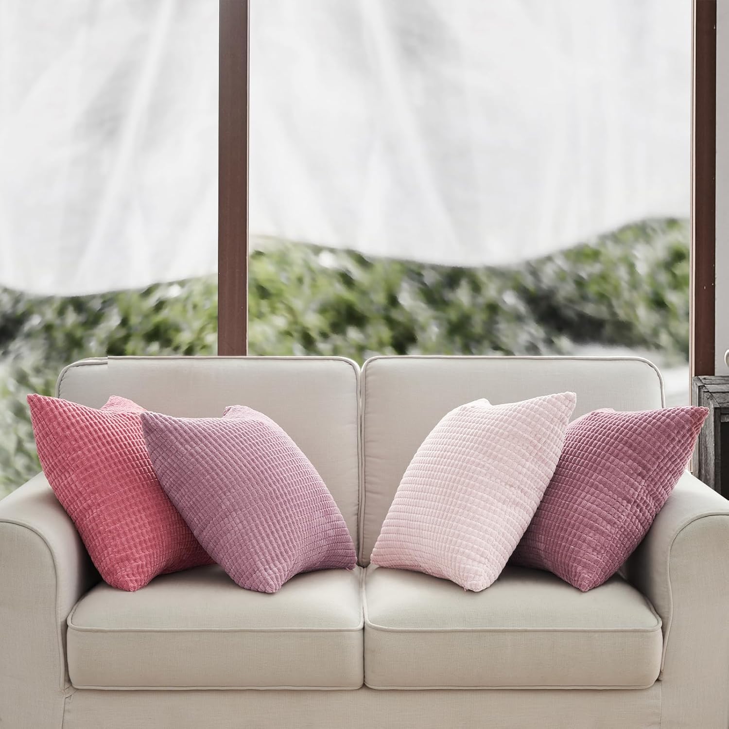 Corduroy Corn Grain Cushion Covers - Soft Velvet with Hidden Zipper - Stylish Mix of Pink Shades, 45cm x 45cm Pack of 4