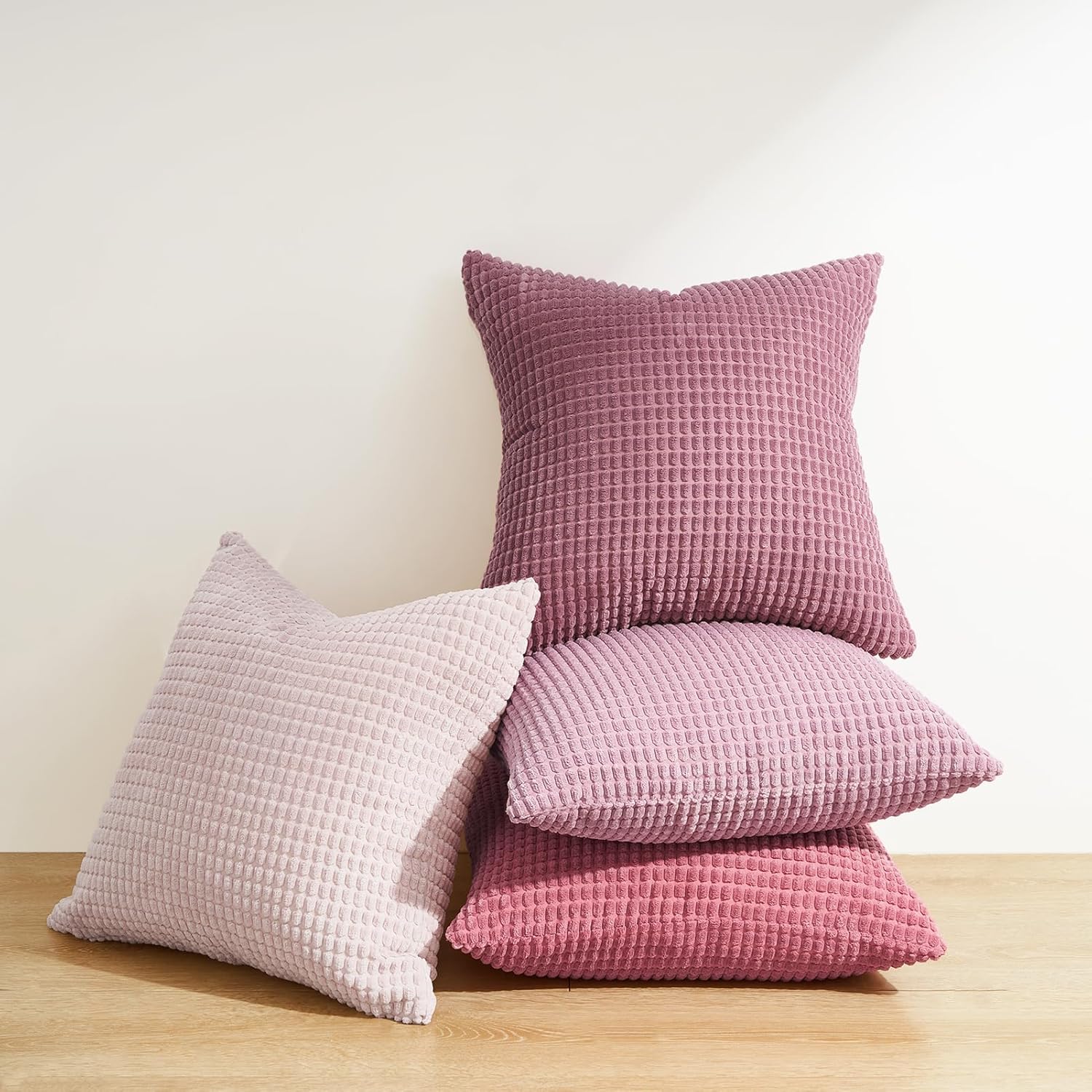 Corduroy Corn Grain Cushion Covers - Soft Velvet with Hidden Zipper - Stylish Mix of Pink Shades, 45cm x 45cm Pack of 4