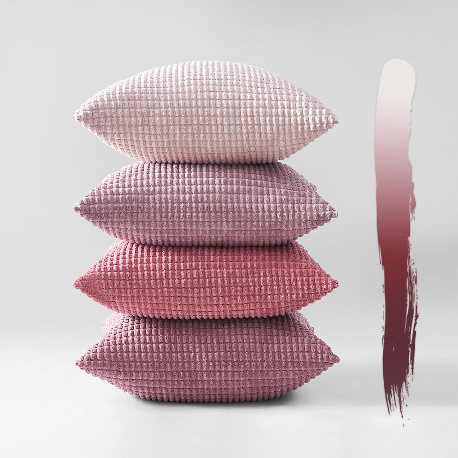 Corduroy Corn Grain Cushion Covers - Soft Velvet with Hidden Zipper - Stylish Mix of Pink Shades, 45cm x 45cm Pack of 4