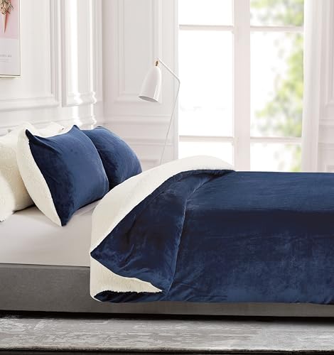 2-in-1 Teddy Sherpa Quilt Cover Set Navy Blue, Queen