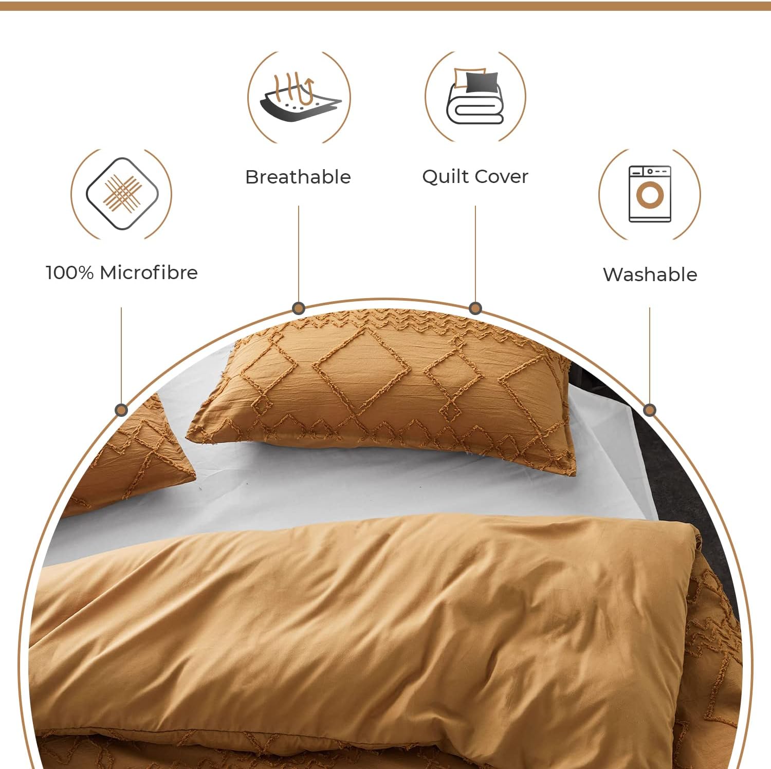 100% Premium Brushed Microfibre Tufted (3Pcs) Quilt Cover Set - Caramel - Queen Size