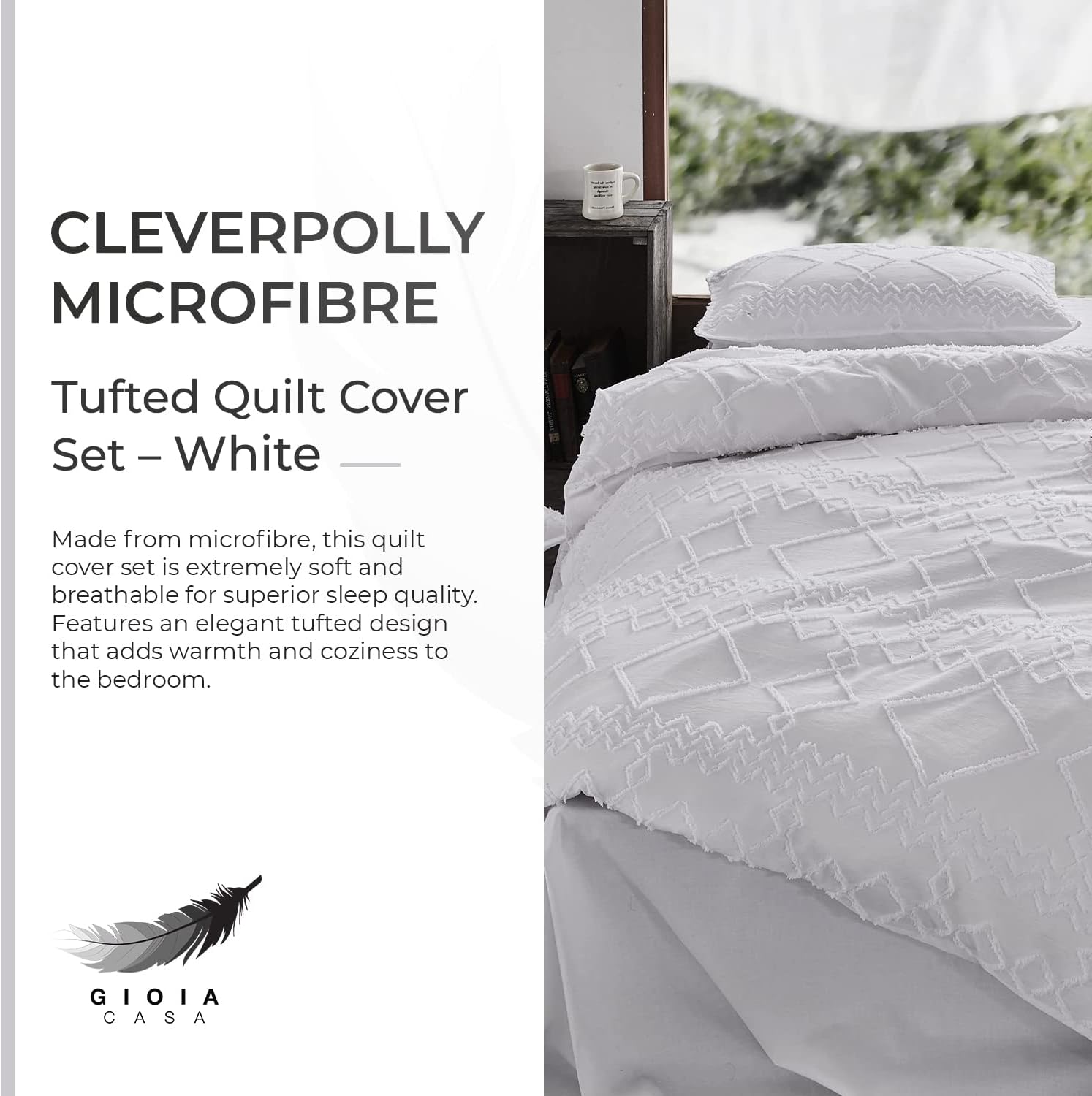 100% Premium Brushed Microfibre Tufted (3 Pcs) Quilt Cover Set - White - Queen Size