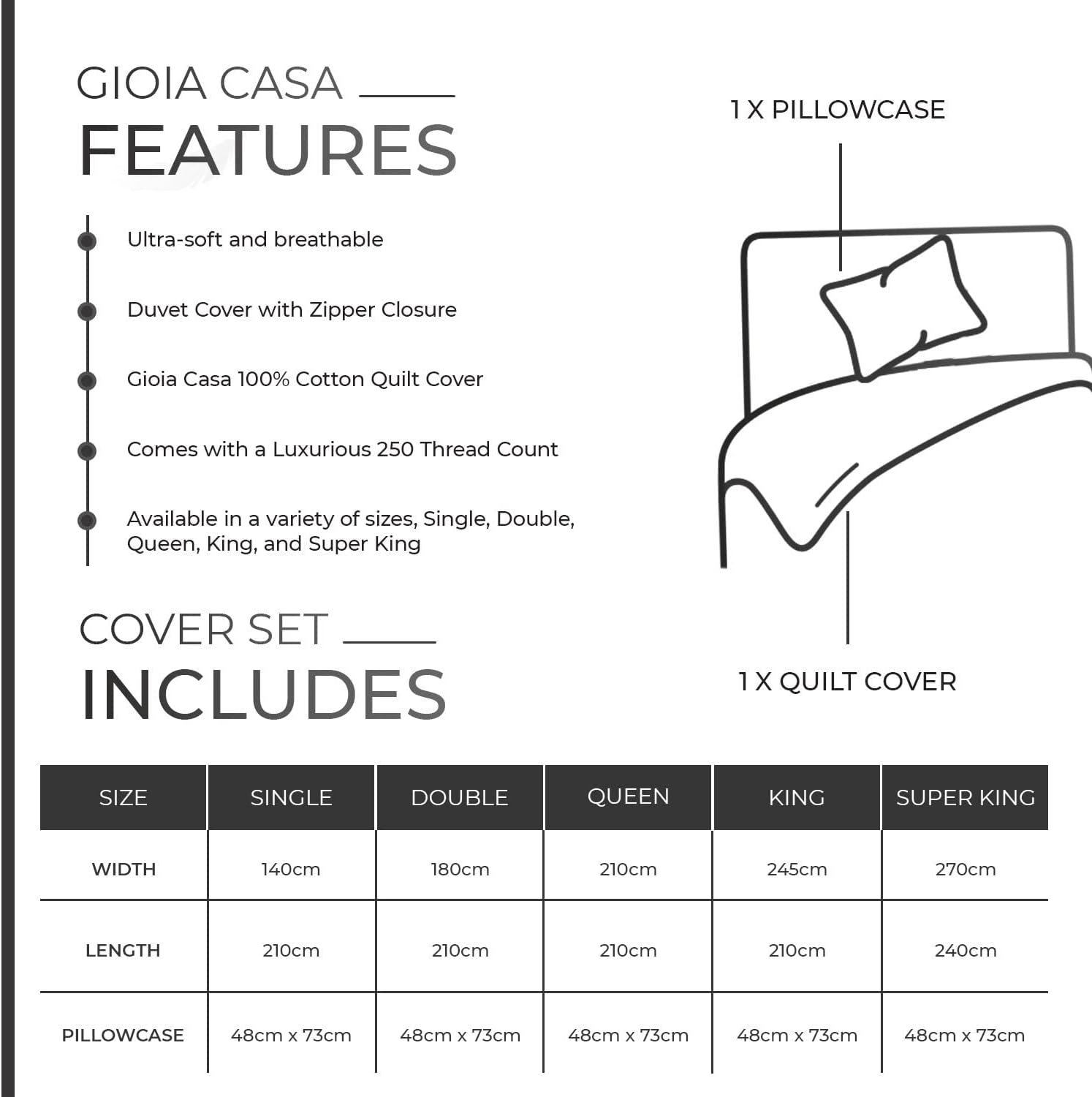 Ultra-Soft 100% Cotton Bed Quilt Cover Set - Queen, Gioia Casa