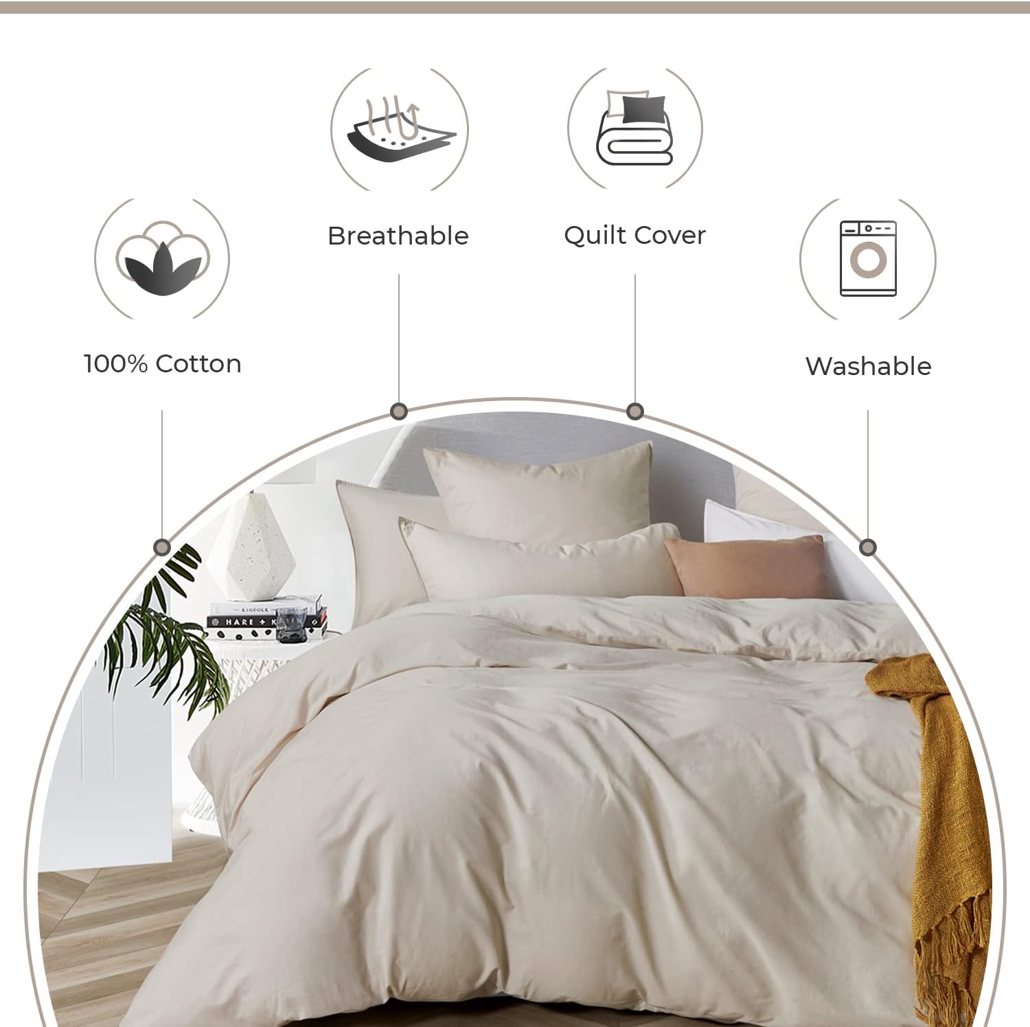 Ultra-soft Cotton Queen Bed Quilt Cover Set - Natural, 3Pcs, Gioia Casa