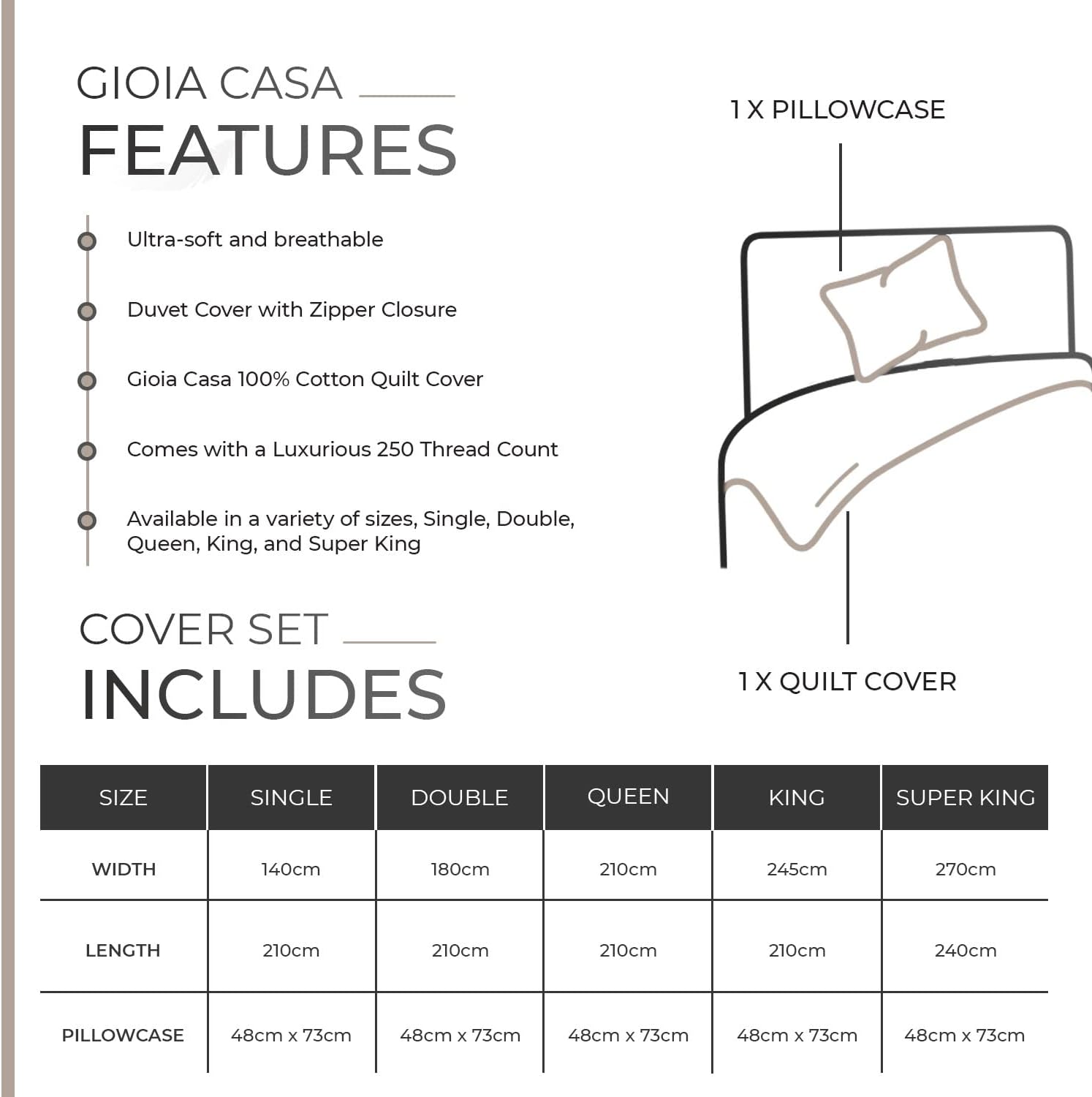 Ultra-soft Cotton Queen Bed Quilt Cover Set - Natural, 3Pcs, Gioia Casa