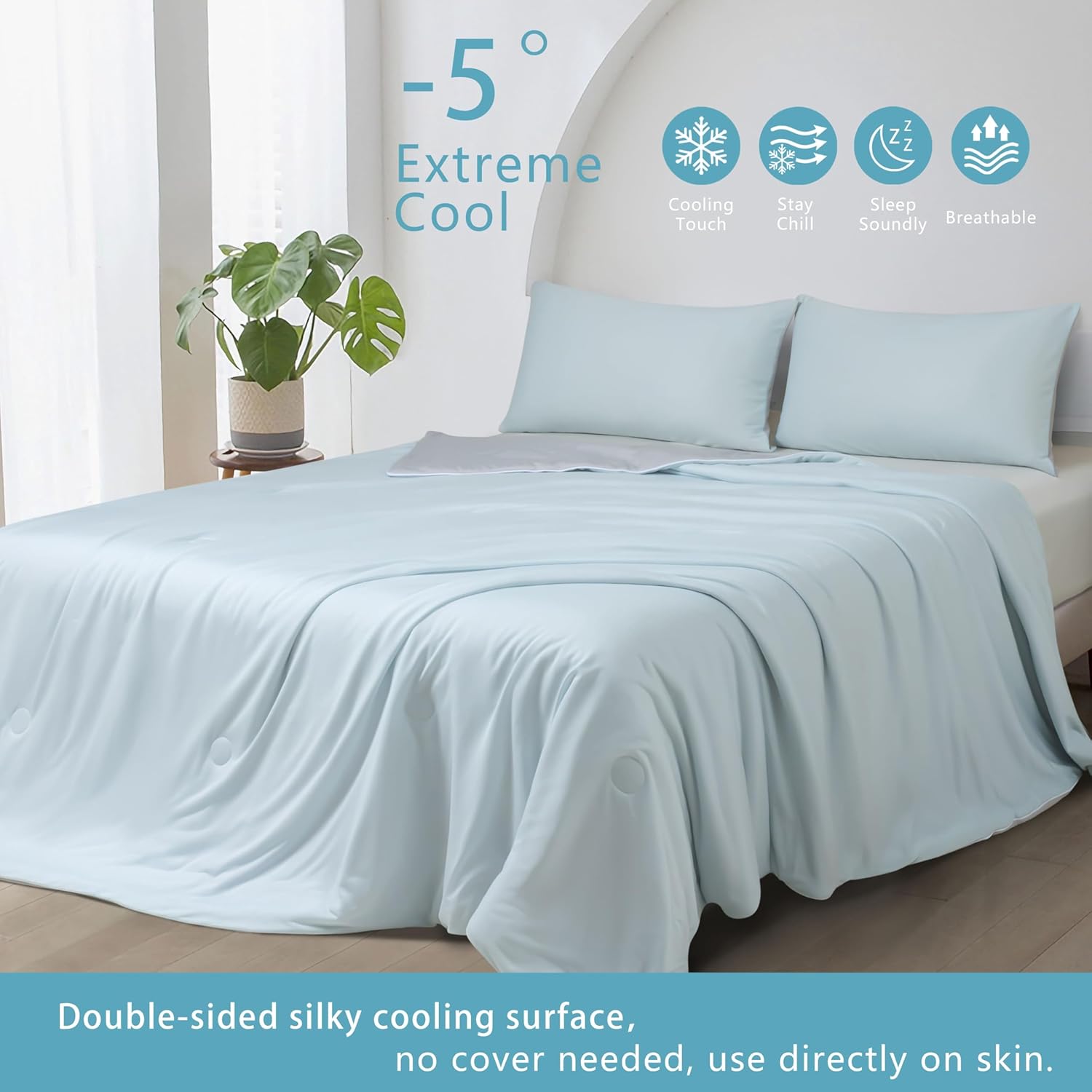 Ice Cooling Reversible Summer Comforter Blanket Blue and Grey, Queen/King