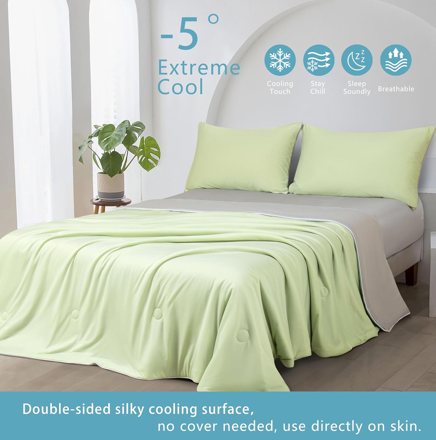 Ice Cooling Reversible Summer Comforter Blanket Green and Grey, Queen/King