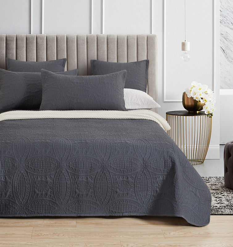 Lisbon Quilted 3-Piece Embossed Coverlet Set Charcoal, Queen/King
