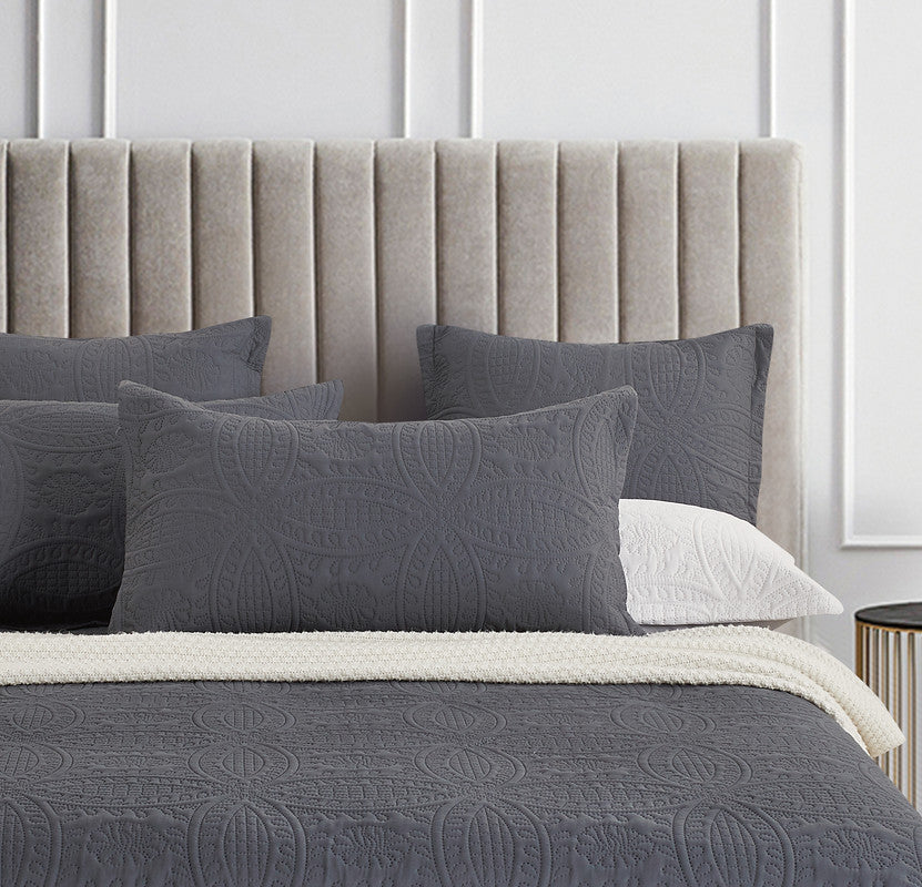 Lisbon Quilted 3-Piece Embossed Coverlet Set Charcoal, Queen/King