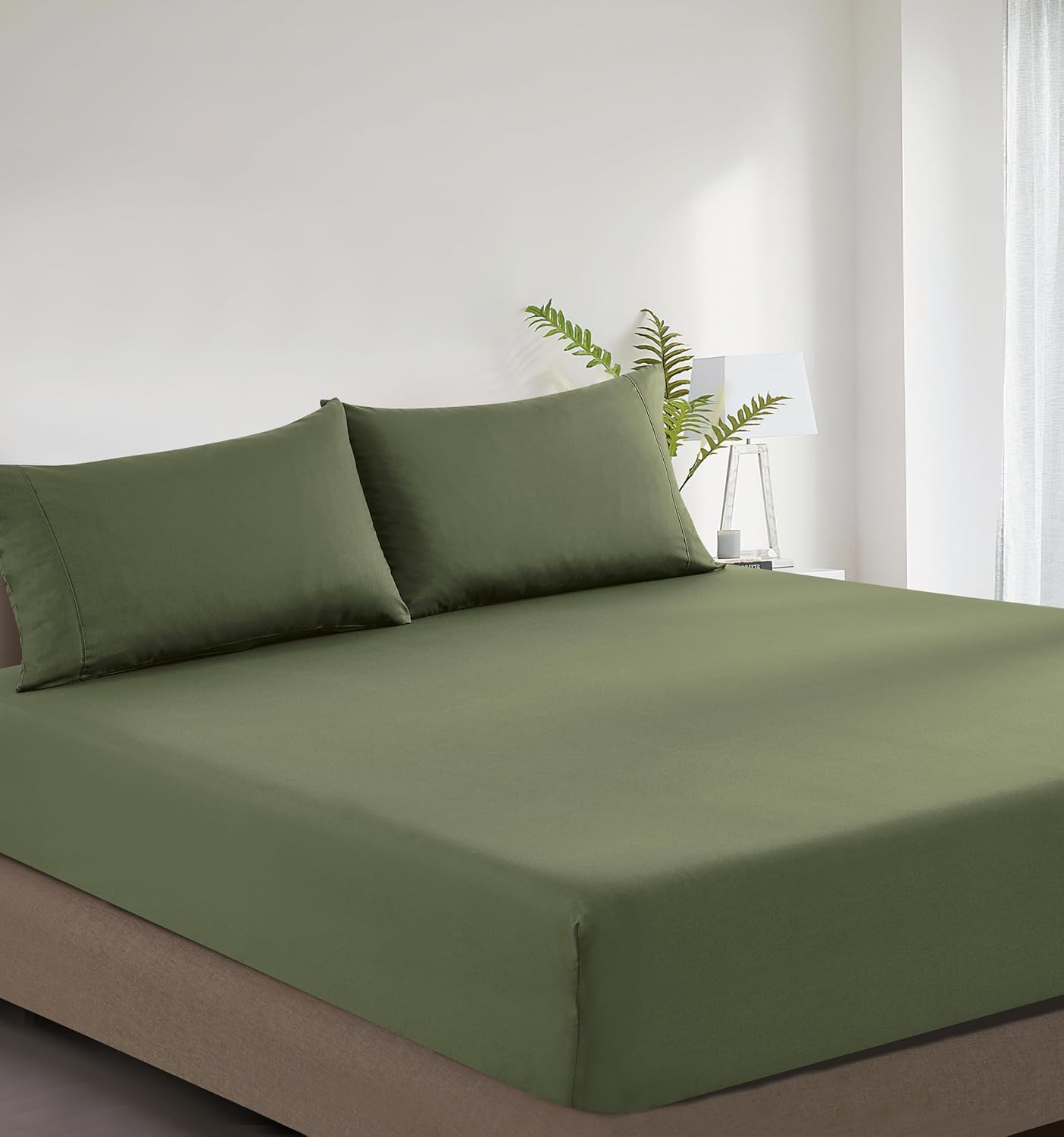 100% Vintage Washed Cotton Fitted Sheet Combo Set – 100% Natural Cotton, Ultra Soft & Breathable – Includes Fitted Sheet & Pillowcases – Machine Washable Khaki Green, King