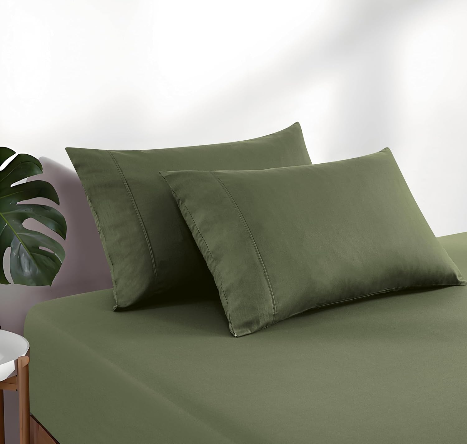 100% Vintage Washed Cotton Fitted Sheet Combo Set – 100% Natural Cotton, Ultra Soft & Breathable – Includes Fitted Sheet & Pillowcases – Machine Washable Khaki Green, King