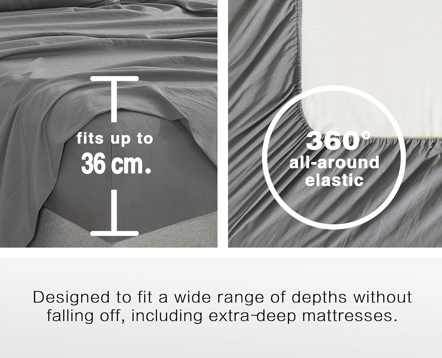 100% Vintage Washed Microfibre Fitted Sheet Set – Ultra Soft & Lightweight All-Season Fitted Sheet with 2 Pillowcases Grey, King Size