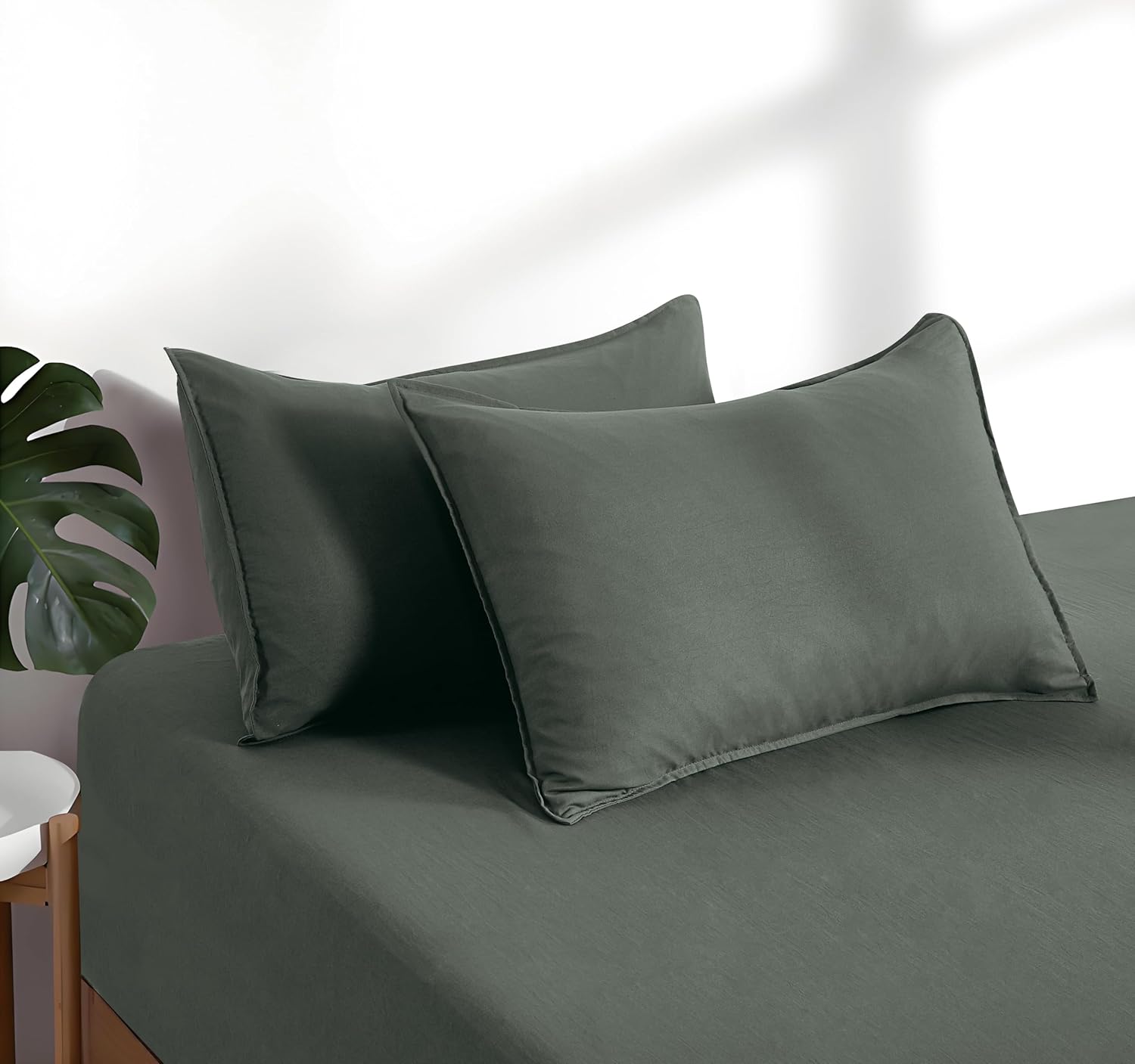 100% Vintage Washed Microfibre Fitted Sheet Set – Ultra Soft & Lightweight All-Season Fitted Sheet with 2 Pillowcases Khaki Green, King Size