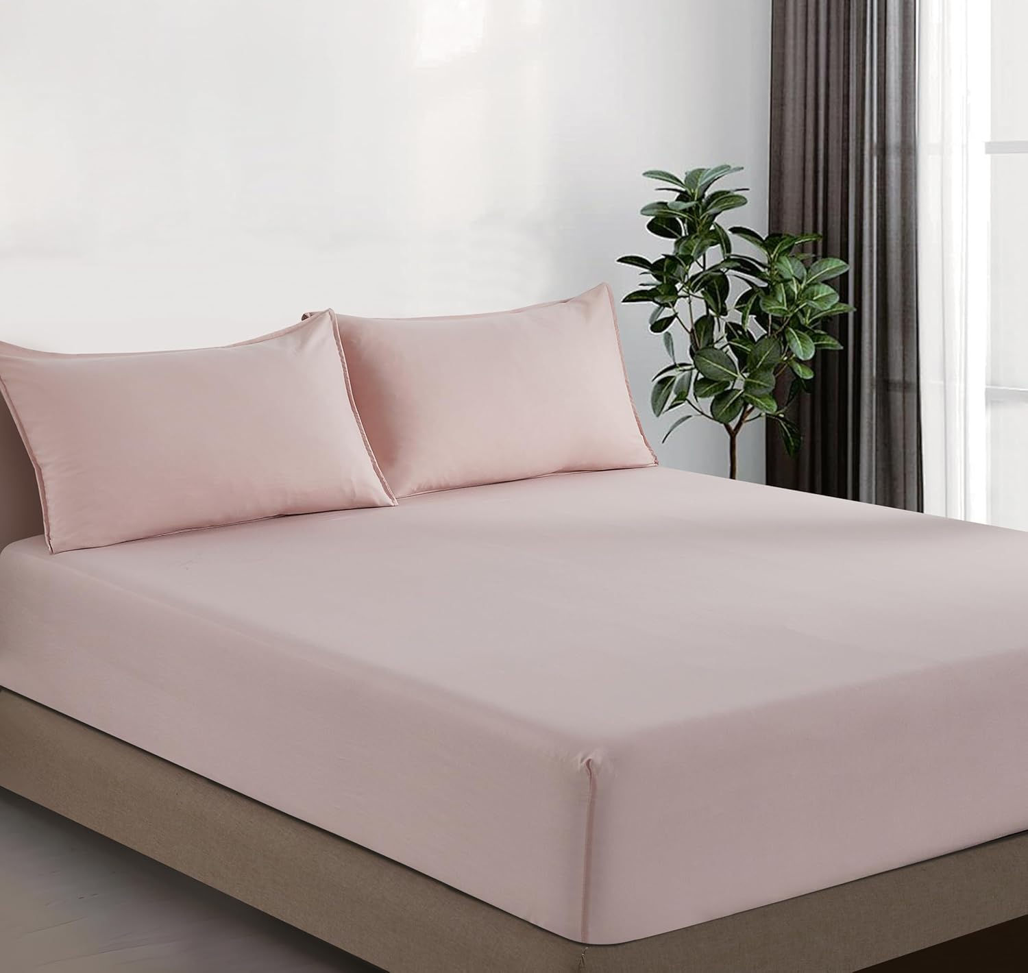 100% Vintage Washed Microfibre Fitted Sheet Set – Ultra Soft & Lightweight All-Season Fitted Sheet with 2 Pillowcases Pink, King Size
