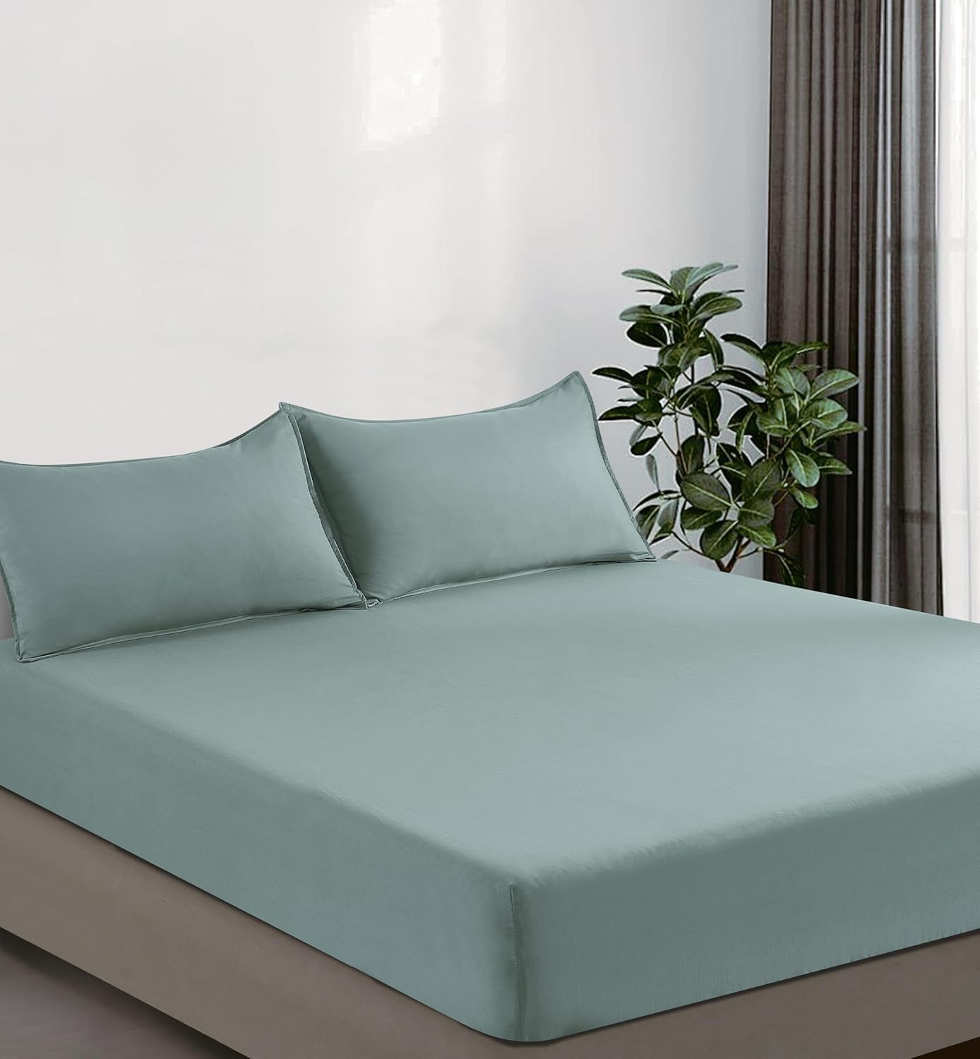 100% Vintage Washed Microfibre Fitted Sheet Set – Ultra Soft & Lightweight All-Season Fitted Sheet with 2 Pillowcases Seafoam, King Size