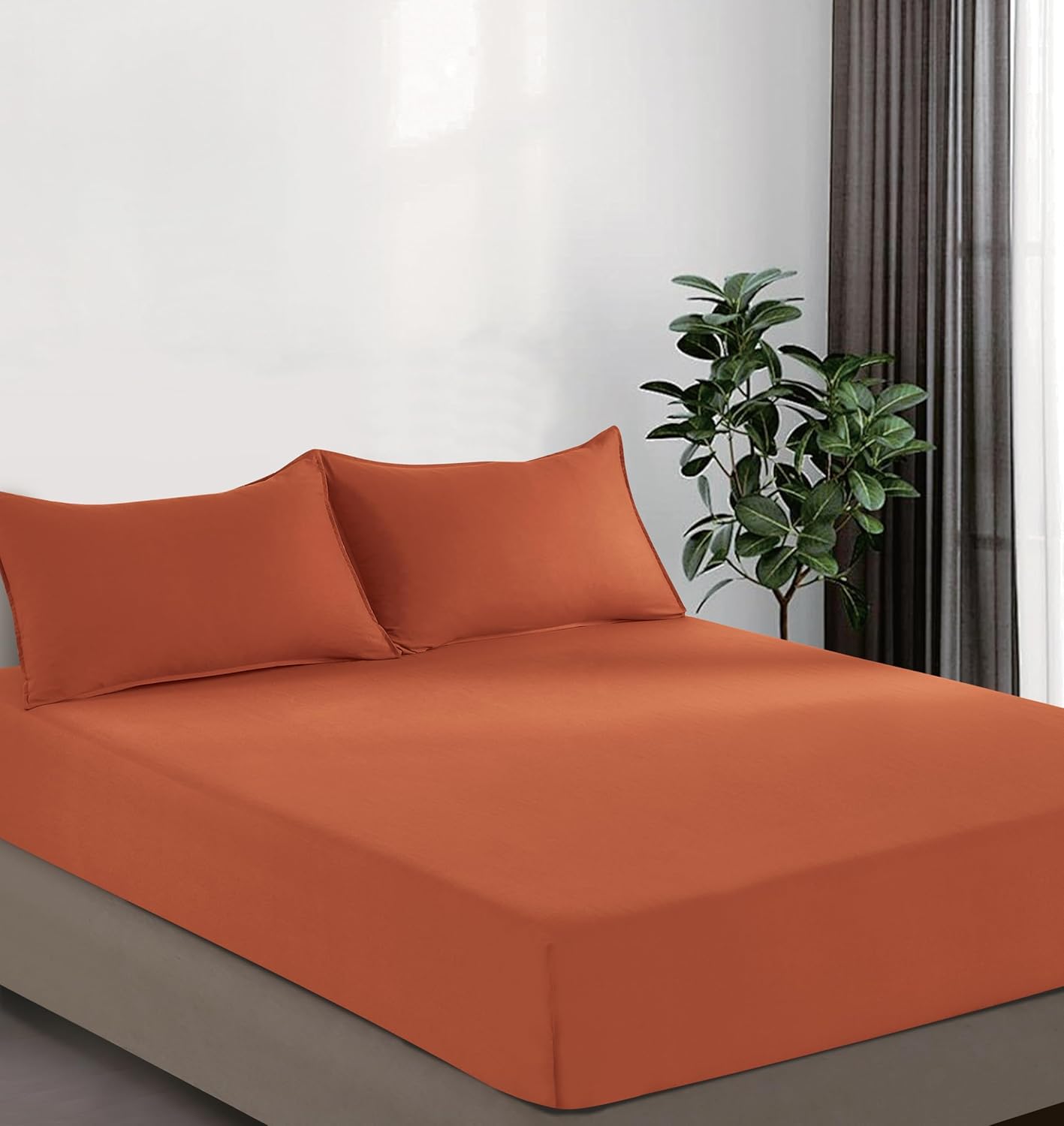 100% Vintage Washed Microfibre Fitted Sheet Set – Ultra Soft & Lightweight All-Season Fitted Sheet with 2 Pillowcases Terracotta, King Size