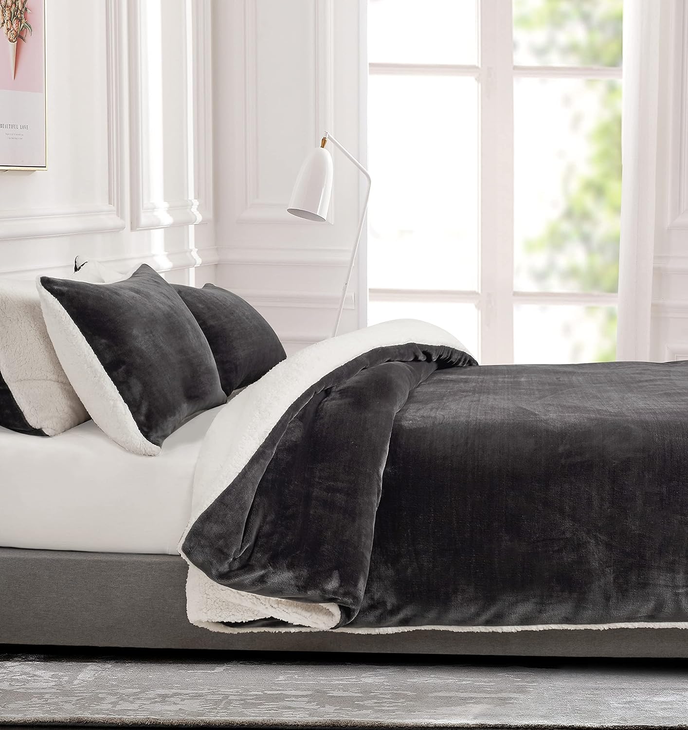 2-in-1 Teddy Sherpa Quilt Cover Set King Size - Charcoal