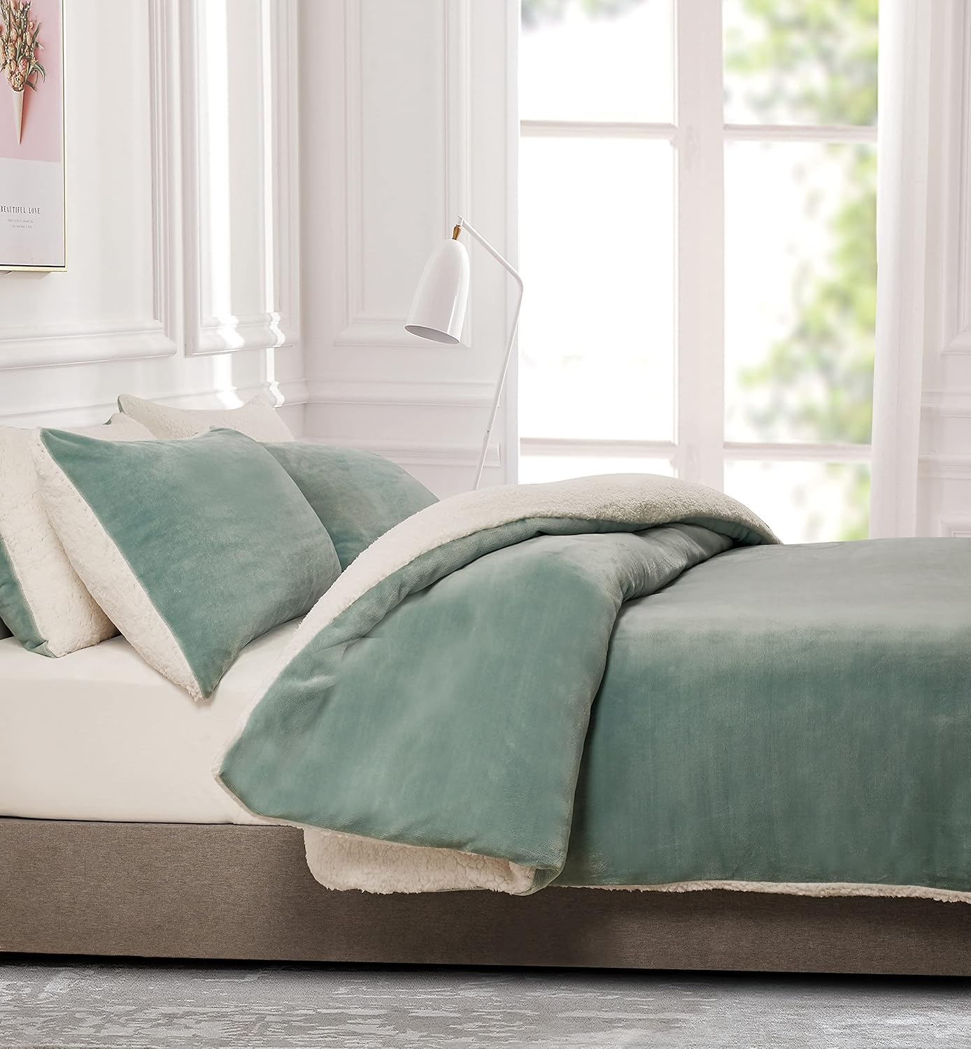 2-in-1 Teddy Sherpa Quilt Cover Set King Size - Sage Green