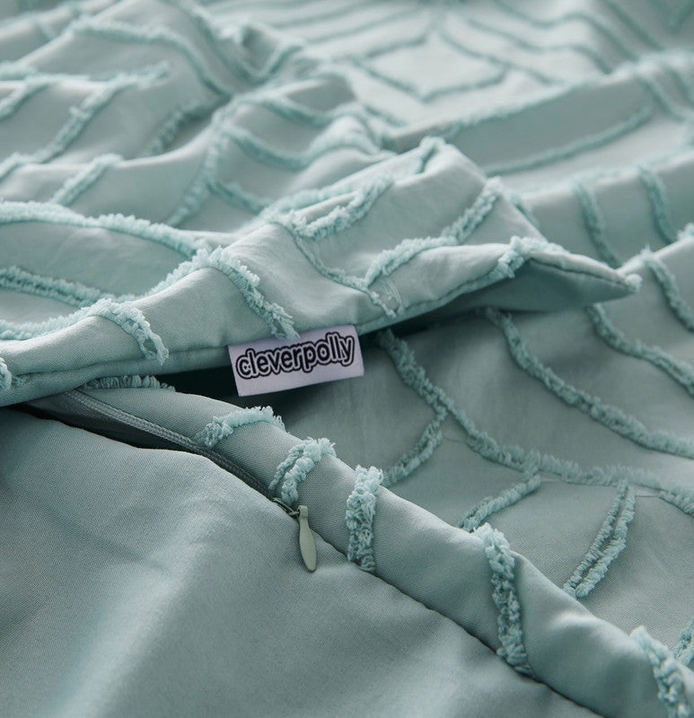 100% Premium Tufted Microfibre Quilt Cover Set - Ultra-Soft, Durable Embroidery Bedding Comforter Set - Machine Washable & Zipper Closure - Sage Green - King