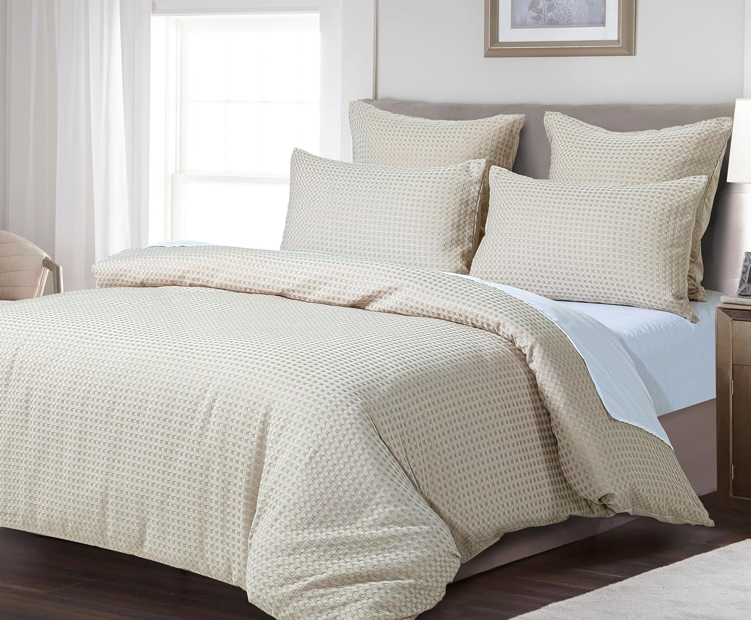 Premium Microfibre Waffle Quilt Cover Set, King (3Pcs) - Beige