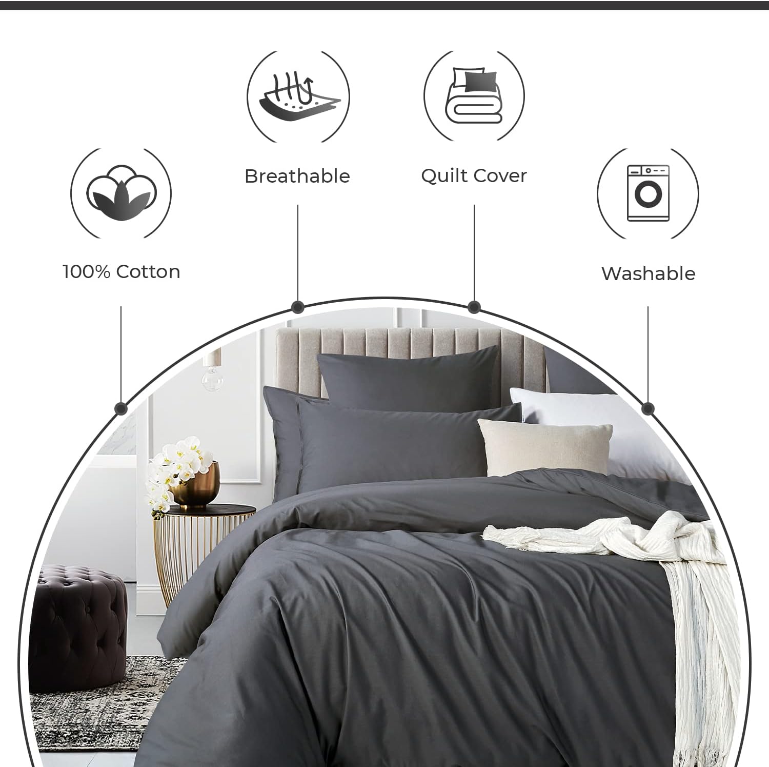 Ultra-Soft 100% Cotton King Quilt Cover Set - Charcoal