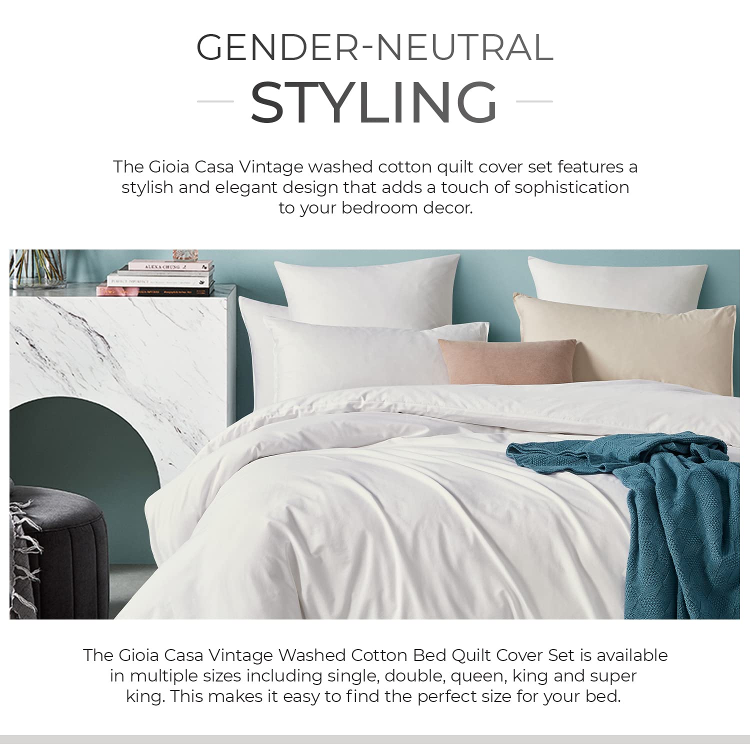 100% Cotton Vintage Washed Bed Quilt Cover Set - White - King Size