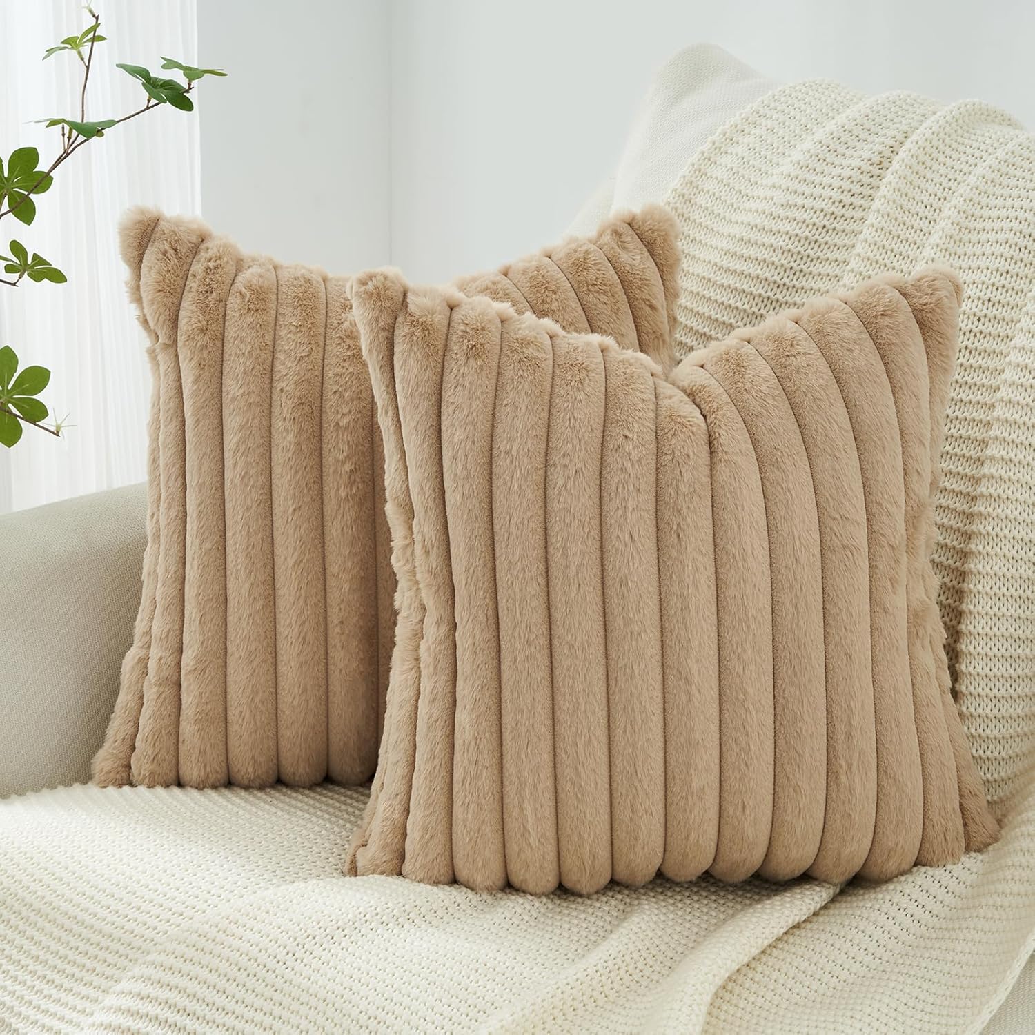 Faux Fur Cushion Covers - Chunky Embossed Flannel with Hidden Zipper - Natural, 45cm x 45cm Pack of 2