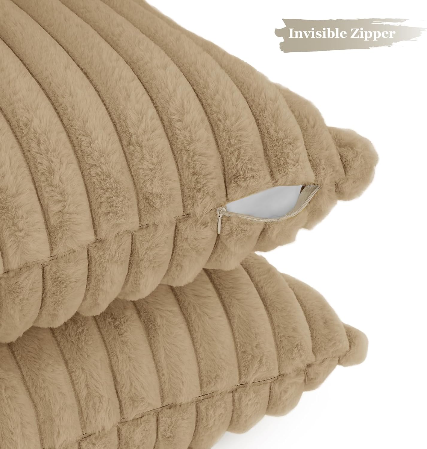 Faux Fur Cushion Covers - Chunky Embossed Flannel with Hidden Zipper - Natural, 45cm x 45cm Pack of 2
